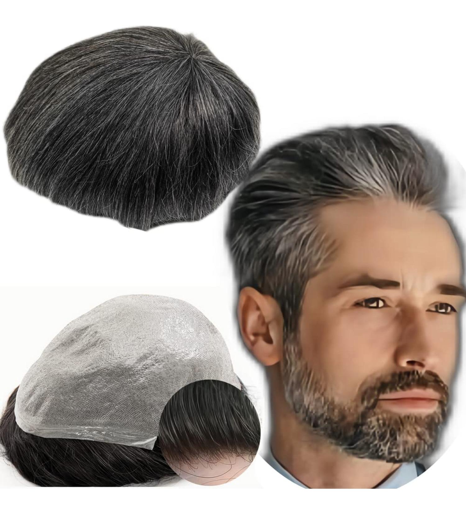 Real Hair Toupet for Men - YanaHair 0.04-0.06mm V-Loop PU Thin Skin Hair System | European Real Hair Wig - Black & Gray (10x8) - Buy Online on GoSupps.com