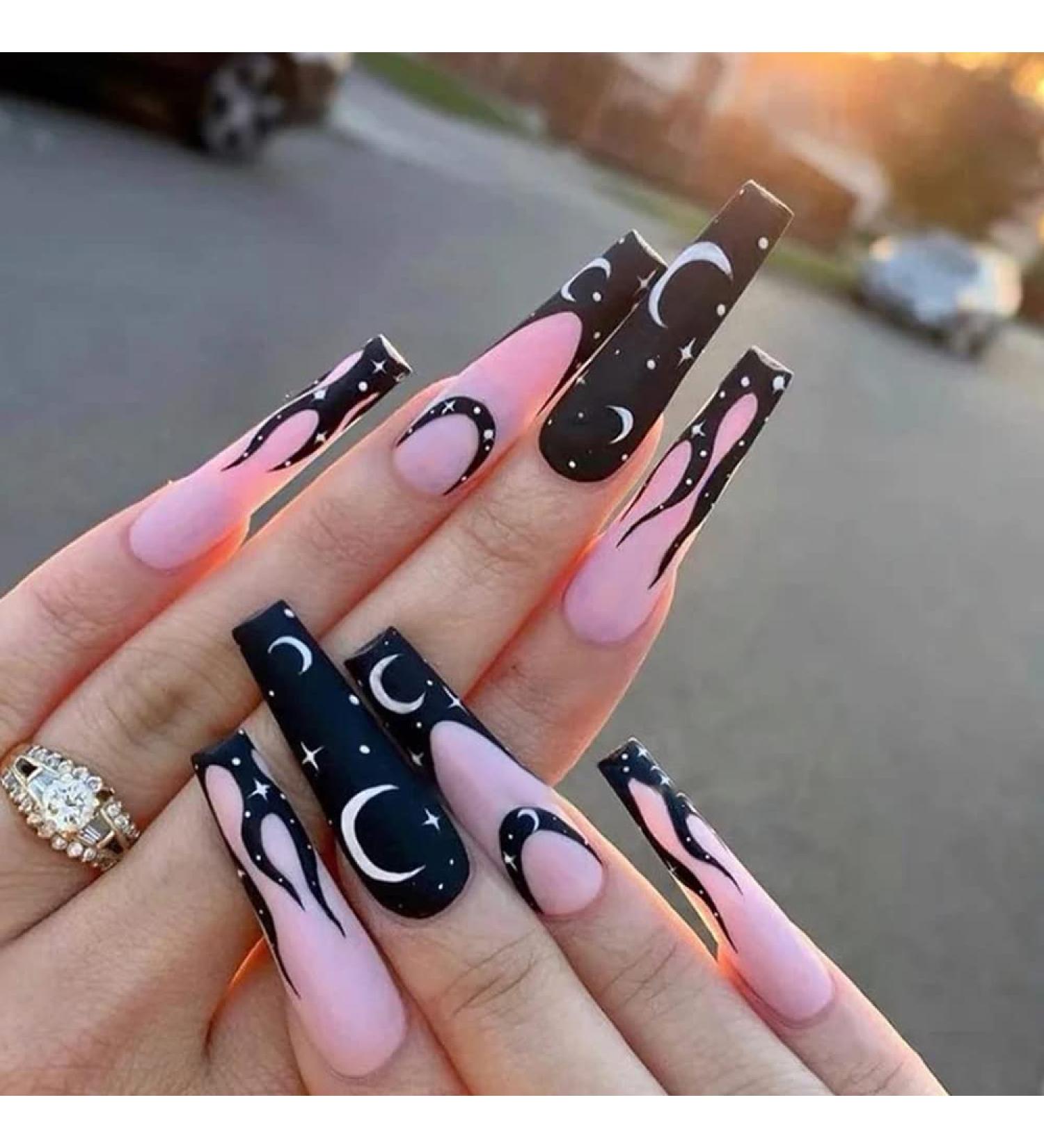 Press on Nails Extra Long Matte Fake Nails night sky stars and moon Press on Nails Designs Acrylic Nails Press on Artificial Nails Stick on Nails For Women Girls 24Pcs - Buy Online on GoSupps.com
