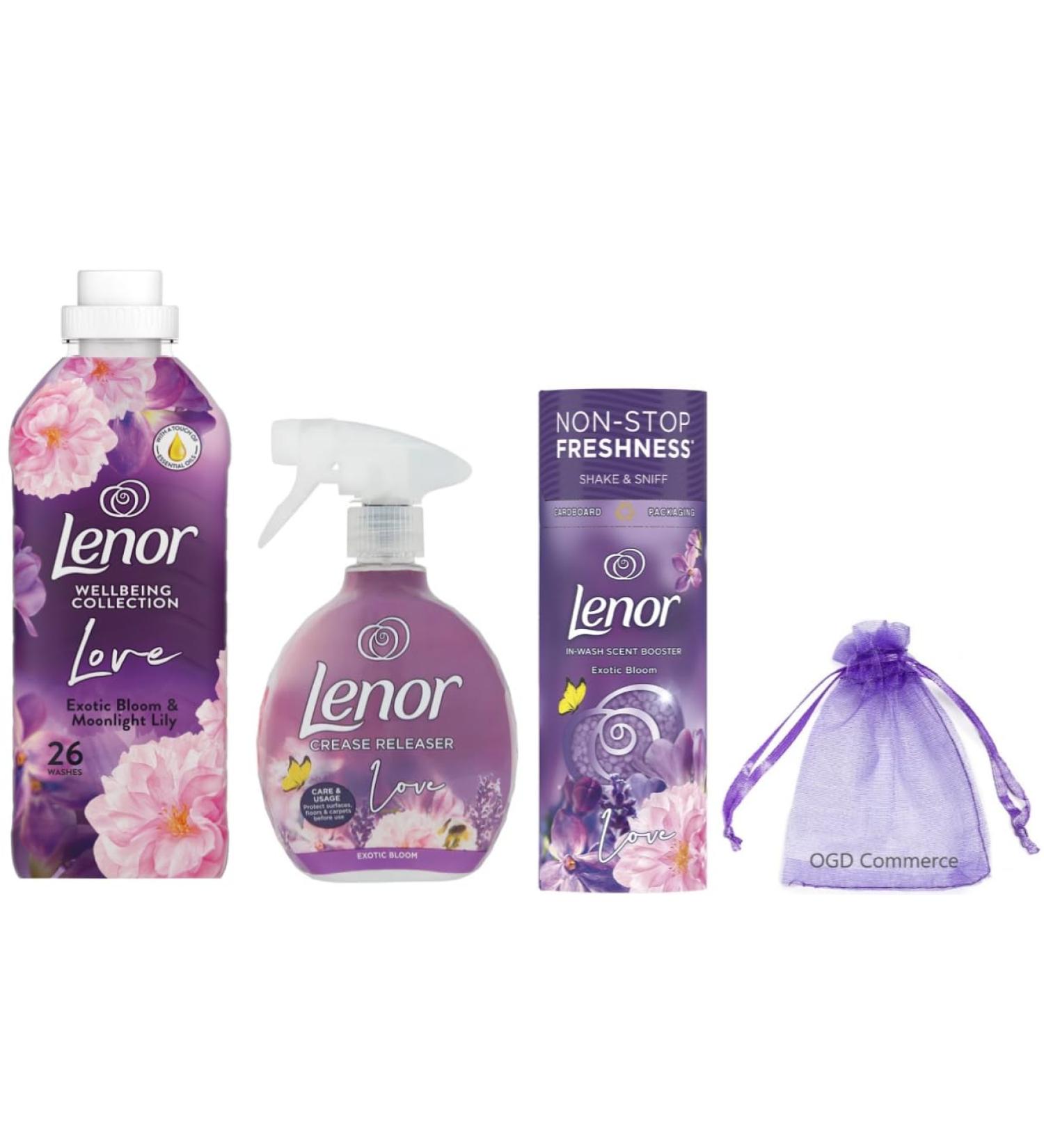 Lenor Fabric Conditioner 26w 858ml Exotic Bloom & Moonlight Lily + Lenor Crease Releaser Spray 500ml + Lenor in Wash Scent Booster Beads 176gr Exotic Bloom + for You: Organza Small Bag - Buy Online on GoSupps.com