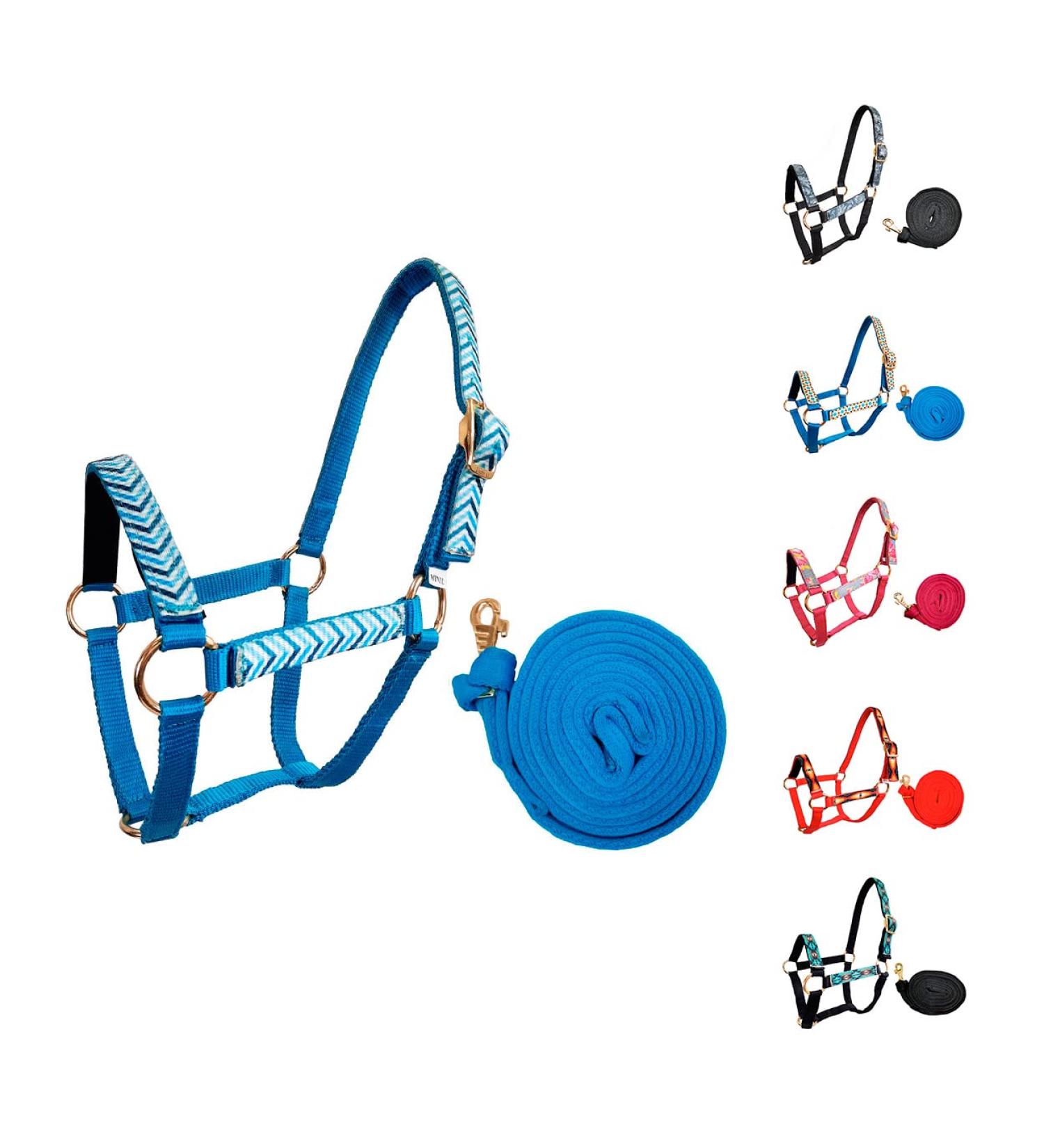 Tahoe Tack Patterned Nylon Mini Horse Halters with Padded Noseband and Matching 7 Soft Grip Lead Rope Blue Chevron Mini Horse B (Over 34")