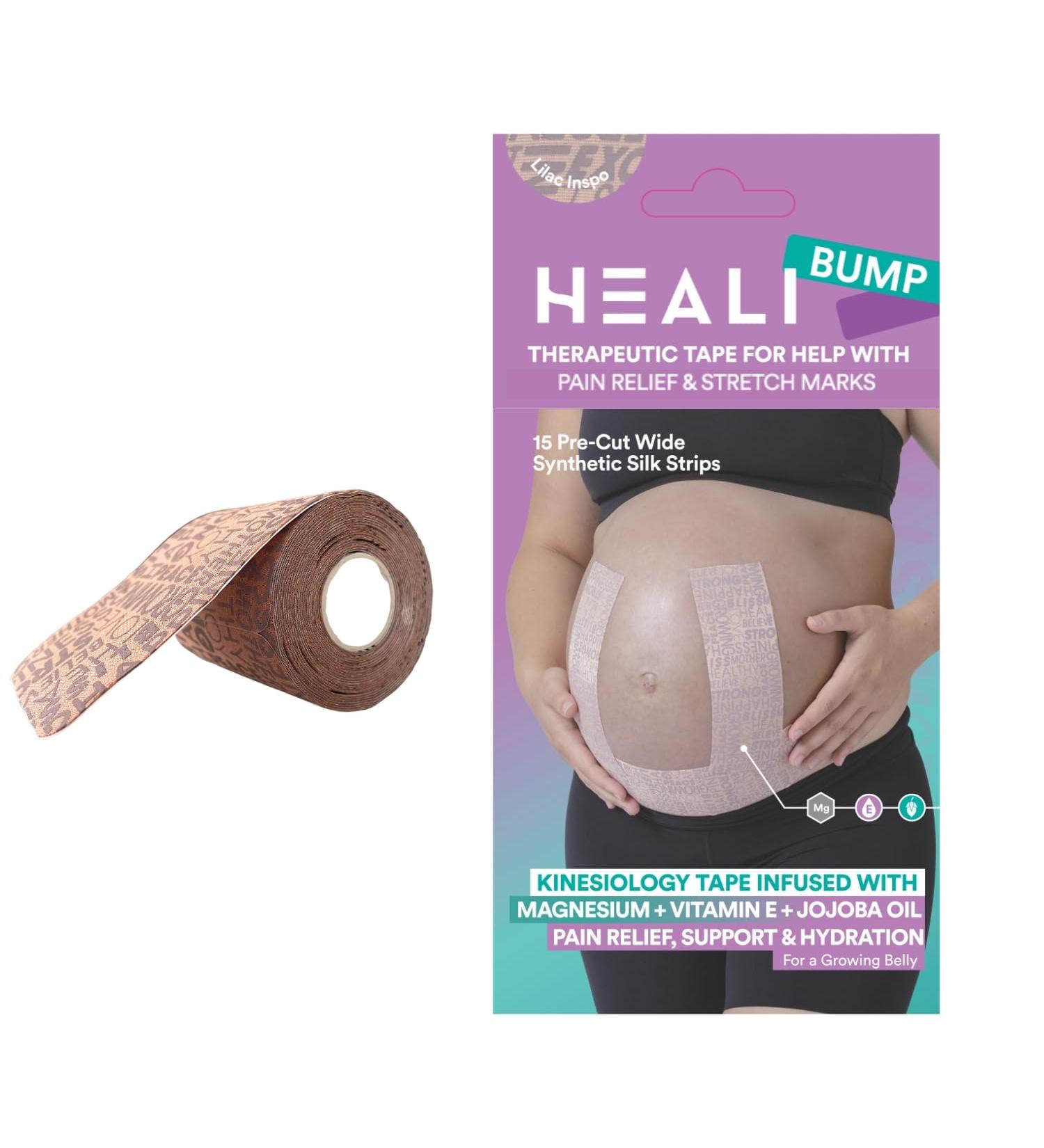 Heali Bump Kinesiology Tape - 15 Pre-Cut Wide Strips for Pregnancy Support Pain Relief & Stretch Mark Reduction - Synthetic Silk with Magnesium & Vitamin E - Buy Online on GoSupps.com