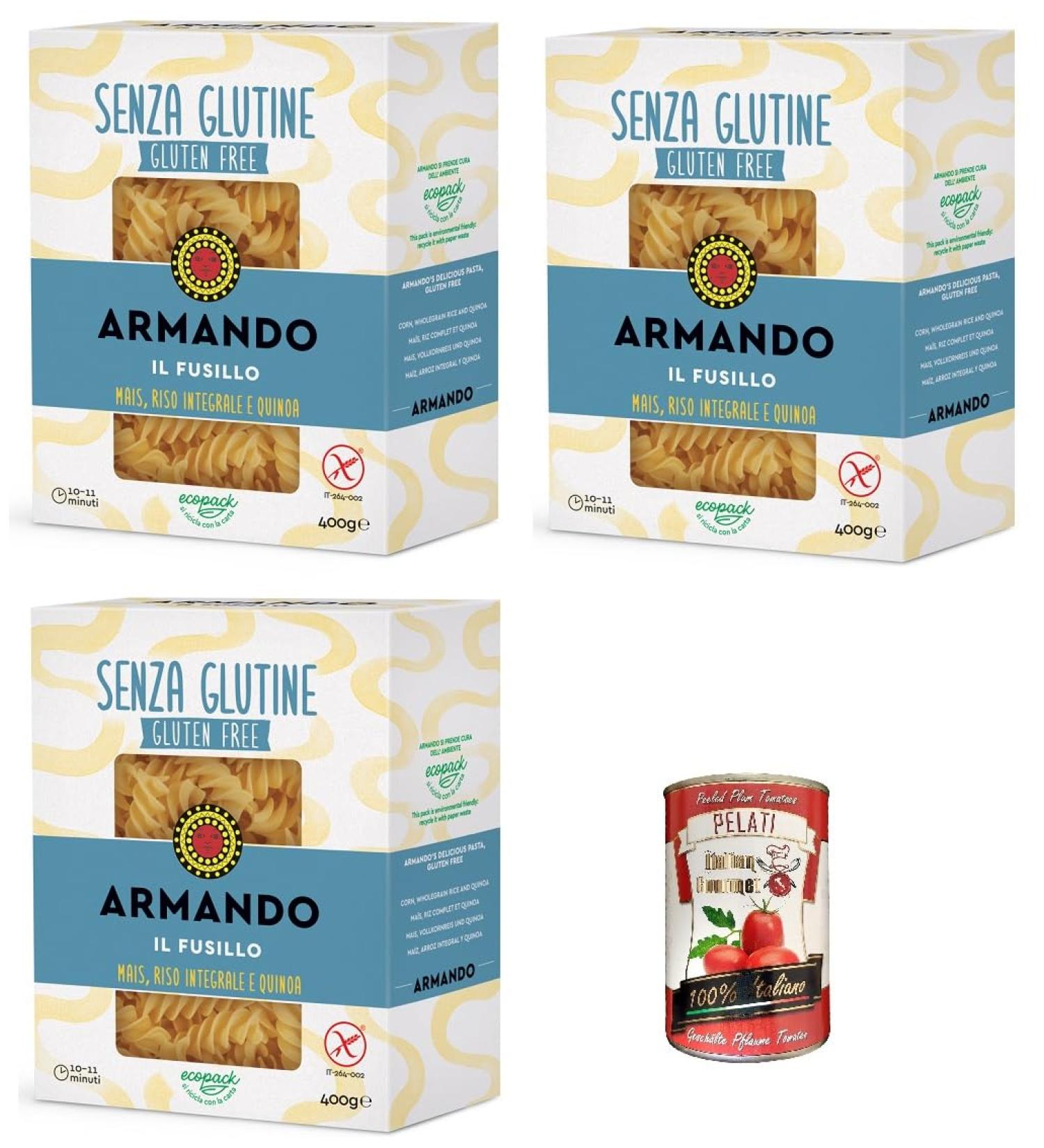  Italian Gourmet E.R. Armando Il Fusillo Gluten Free Multi-Grain Noodles with Corn Brown Rice and Quinoa + Italian Gourmet Pelati 400g - Buy Online on GoSupps.com