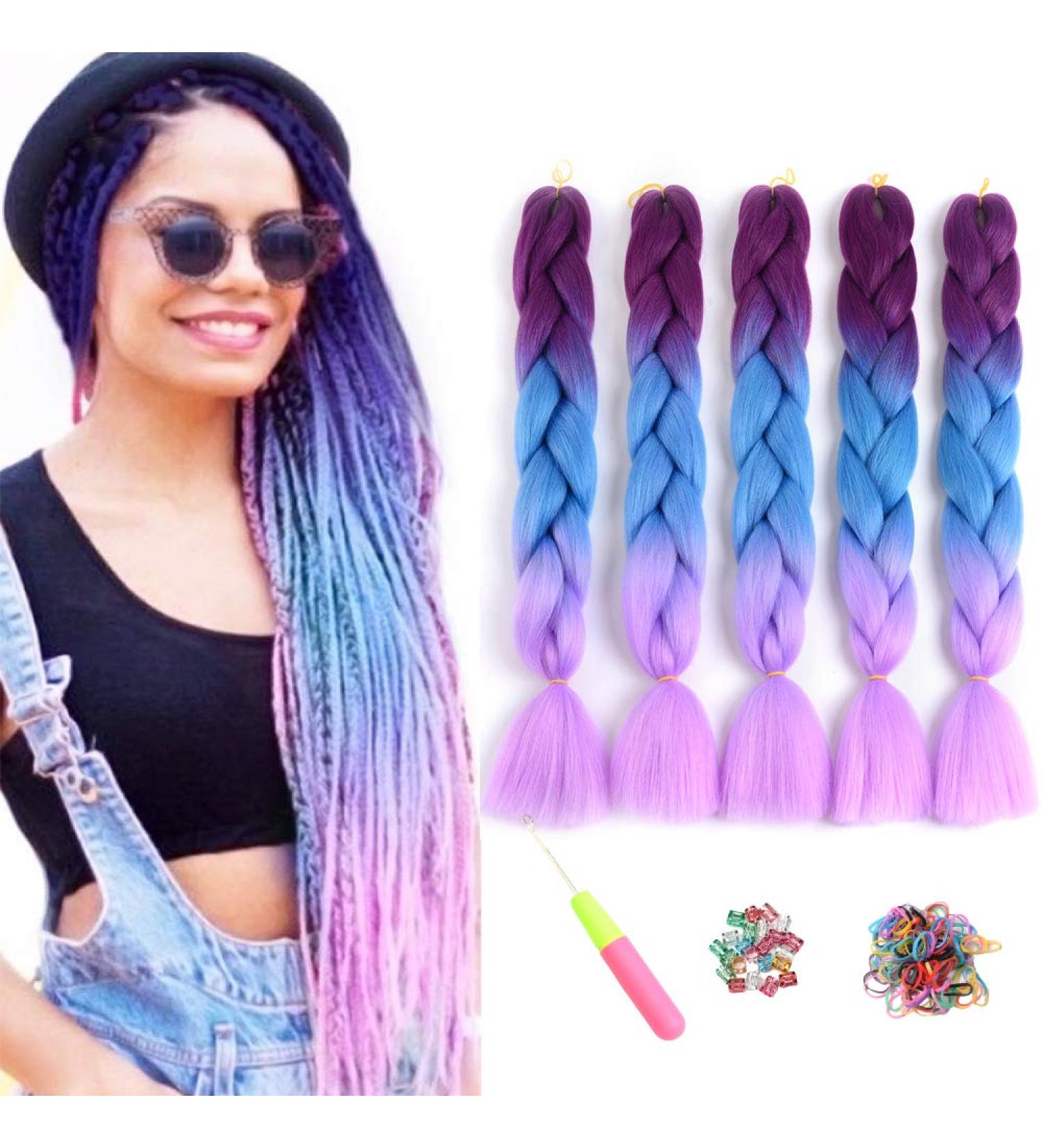 Showjarlly Jumbo Braid Art Hair Extensions - 24 inch Ombre Kanekalon Braid - 5 Pack for Crochet Twist & Box Braids in Purple Navy Blue & Light Violet - Buy Online on GoSupps.com