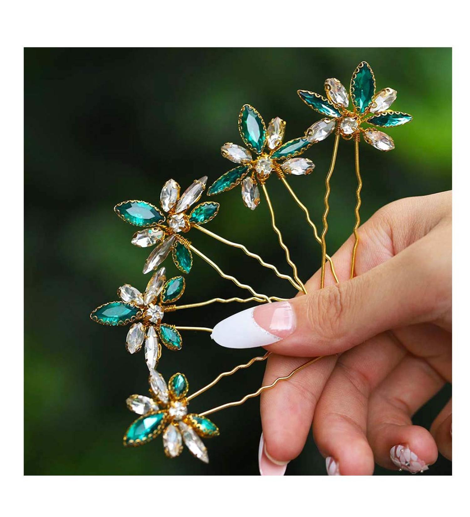 Yokawe Gold Rhinestone Bridal Wedding Hair Pins with Green Crystal - Pack of 5 | Hair Accessories for Women and Girls - Buy Online on GoSupps.com