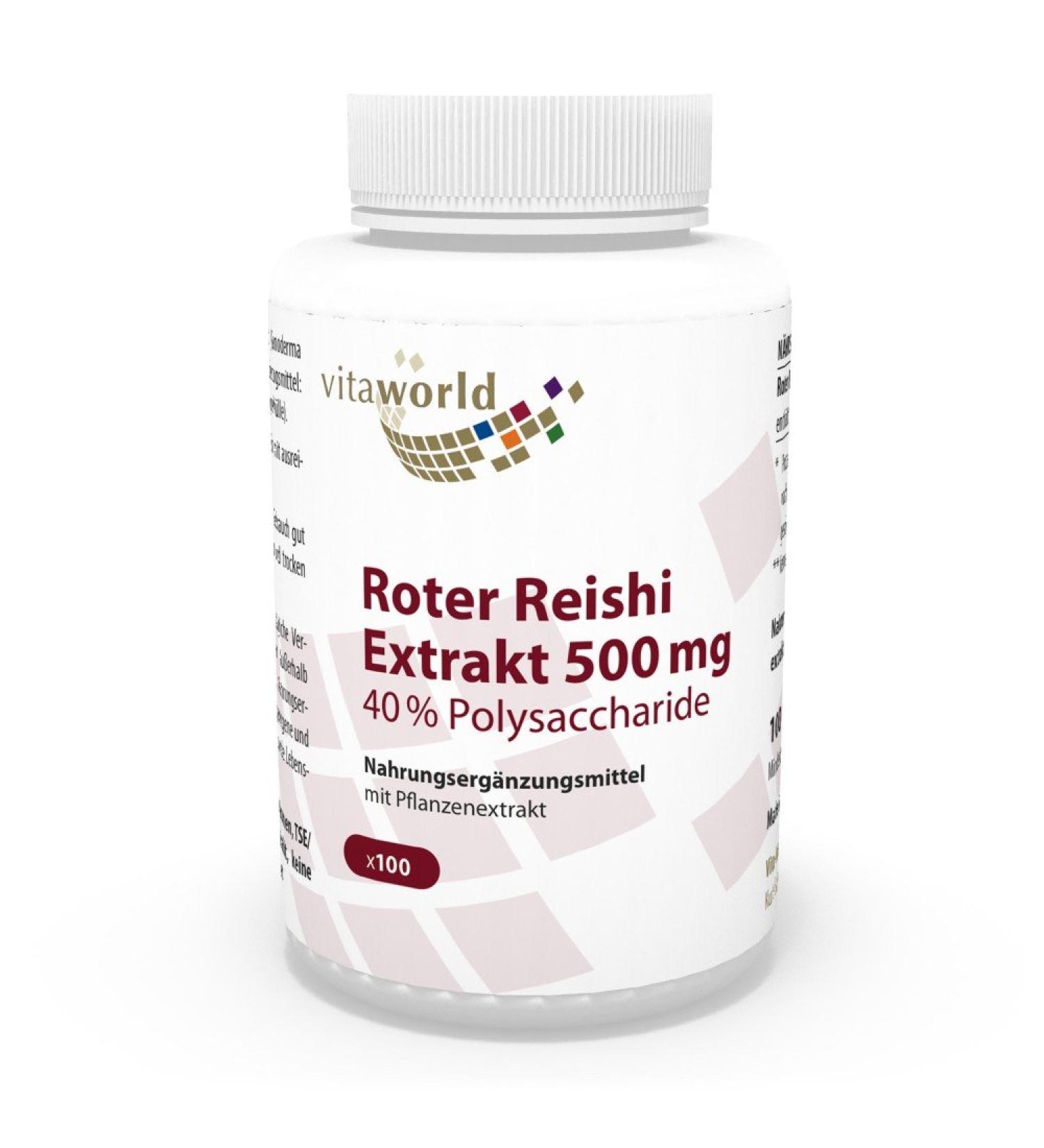 Vita World Premium Extract of Red Reishi 500mg 40% Polysaccharides 100 Vegetarian Capsules Made in Germany