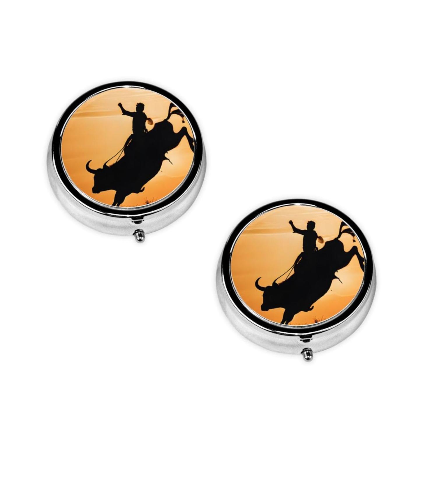 Cool Bull Riding Round Pill Box | 3 Compartment Travel Medicine Organizer | Mini Decorative Pocket Purse for Vitamins & Tablets - Buy Online on GoSupps.com