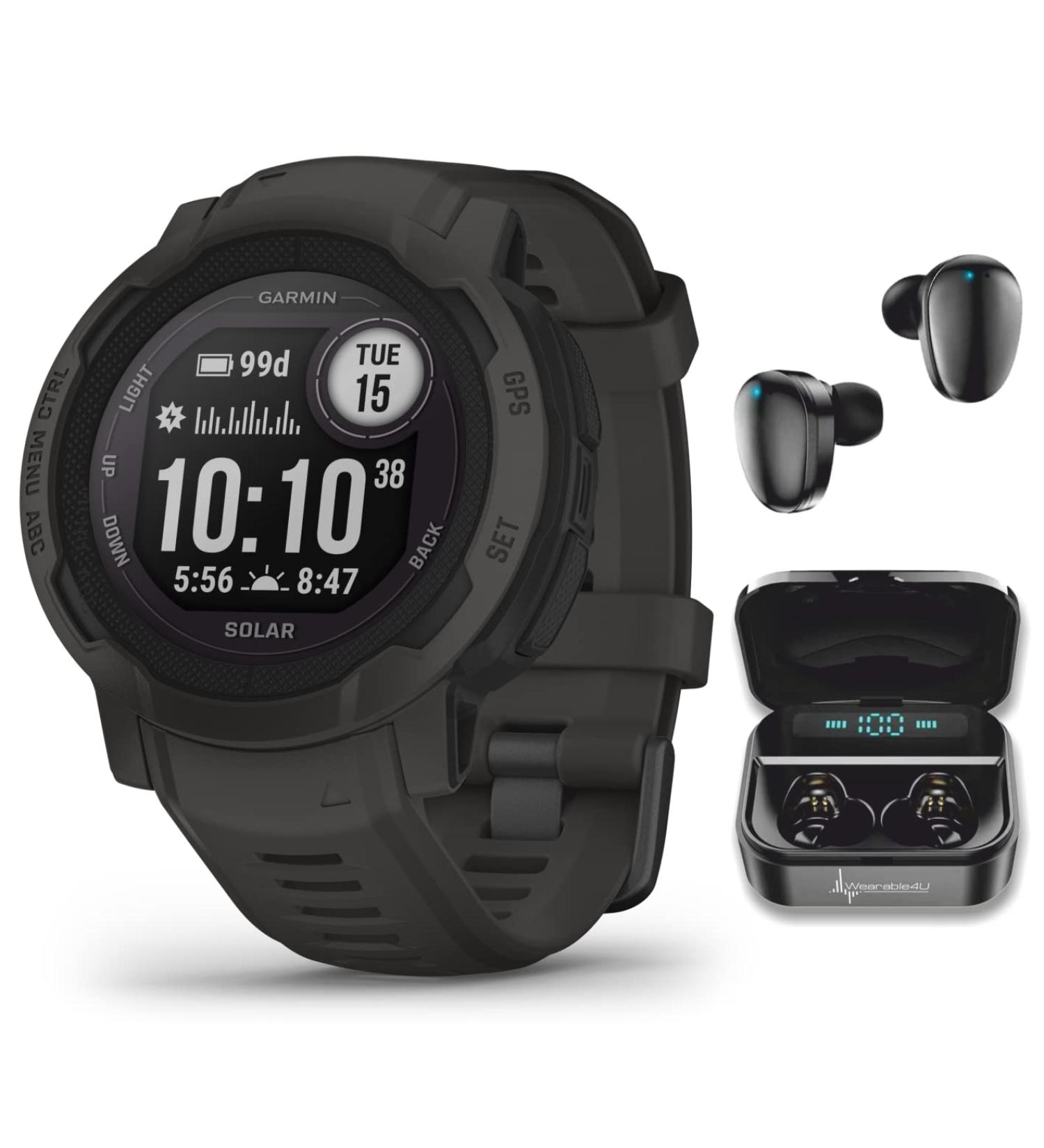 Wearable4U Garmin Instinct 2 Solar GPS Rugged Outdoor Smartwatch Bundle with Black Earbuds - Graphite with Multi-GNSS Support - Buy Online on GoSupps.com