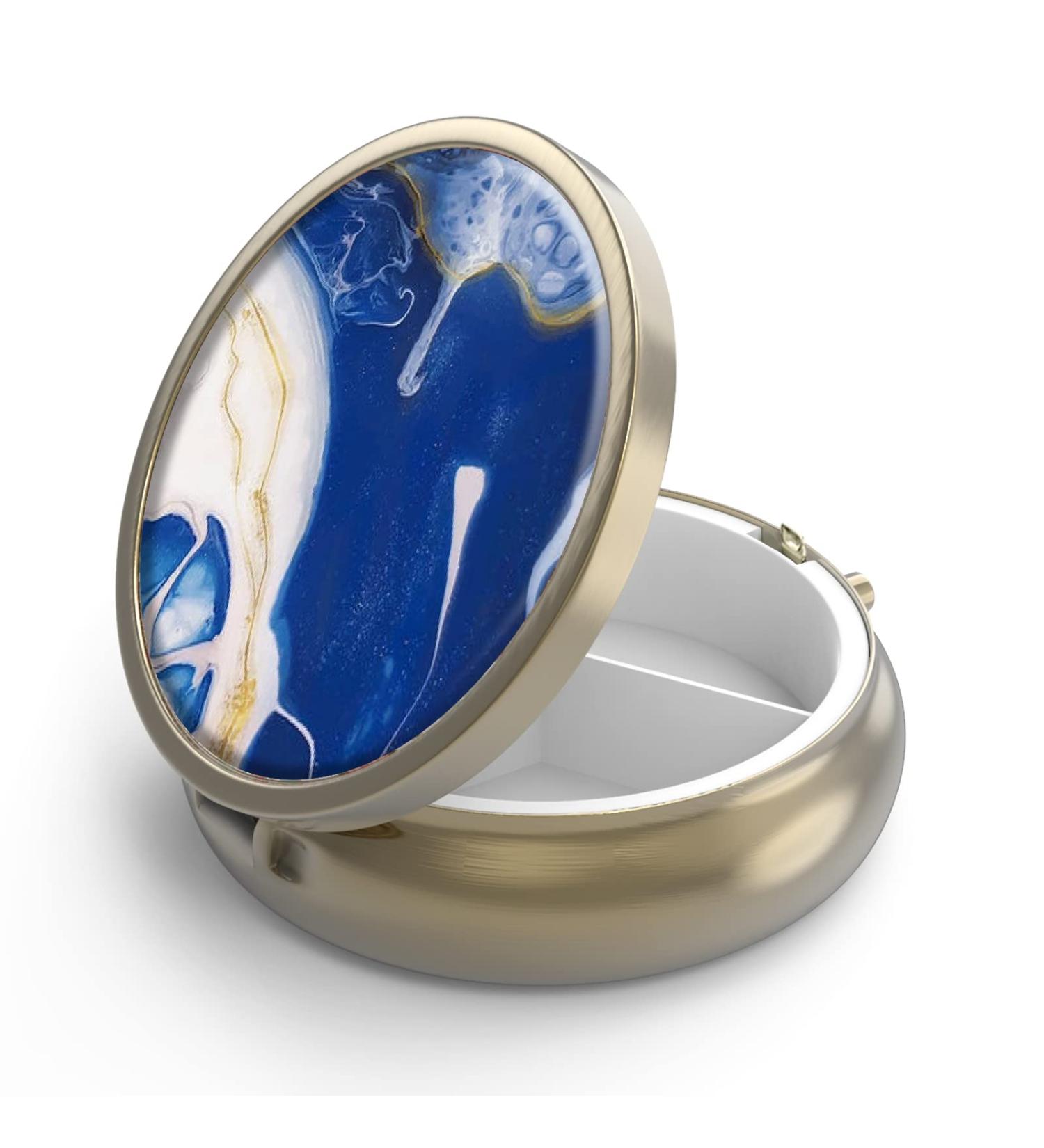 Retro Bronze Pill Box with Mirror - 3 Compartment Small Round Container for Vitamins & Dietary Supplements - Y-24 Marble Paint - Buy Online on GoSupps.com