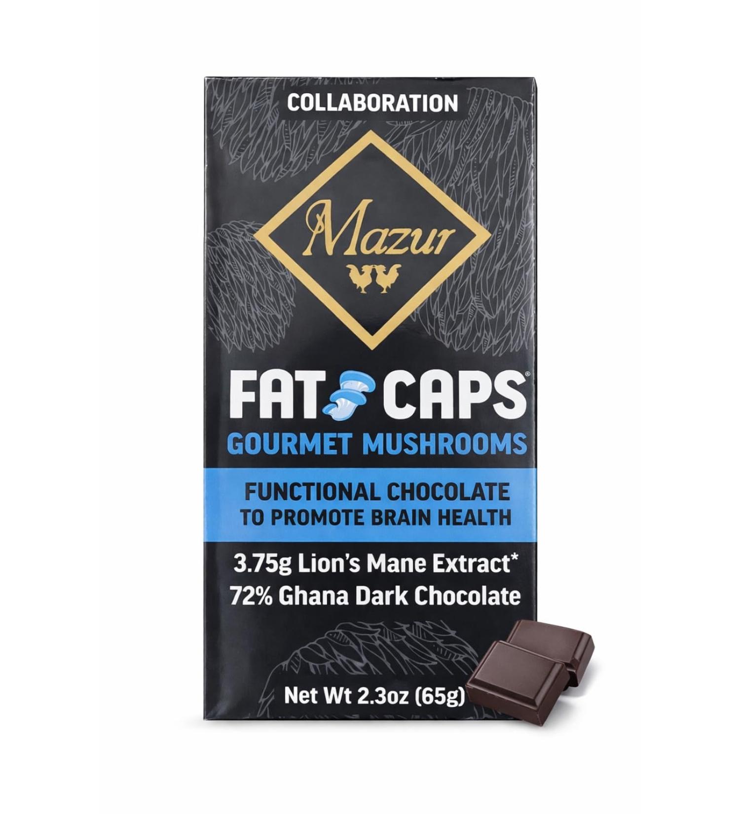 FatCaps Lion's Mane Dark Chocolate Bar | Vegan | Double Extracted Lion's Mane Mushroom | 100% Fruiting Body | No Grains or Fillers | NJ Grown | Brain Health | Memory and Focus - Buy Online on GoSupps.com