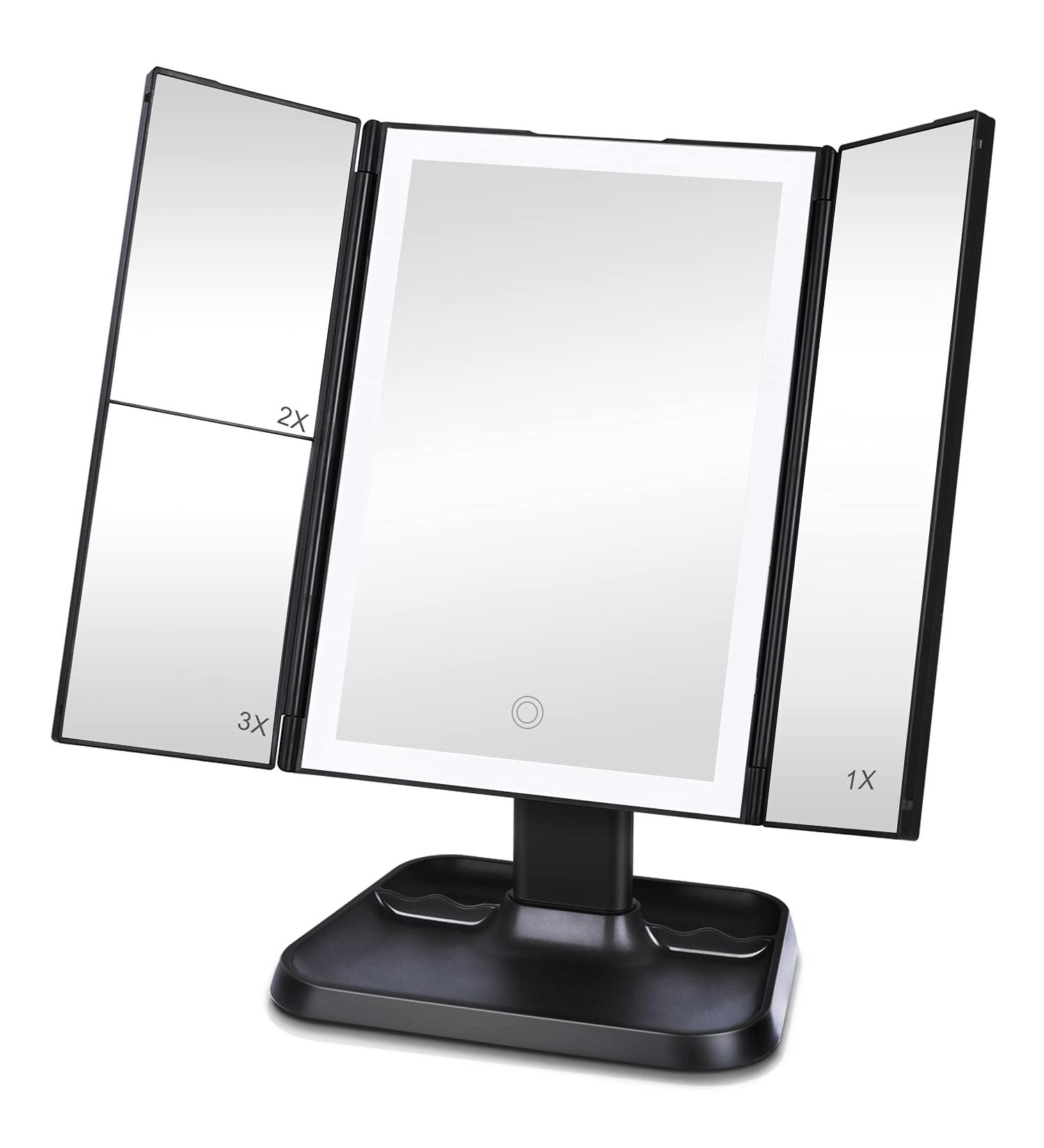 AirExpectal Trifold Makeup Mirror with 72 LED Lights - 3 Color Modes, Touch Screen Dimming, 1x/2x/3x Magnification - Black - Buy Online on GoSupps.com