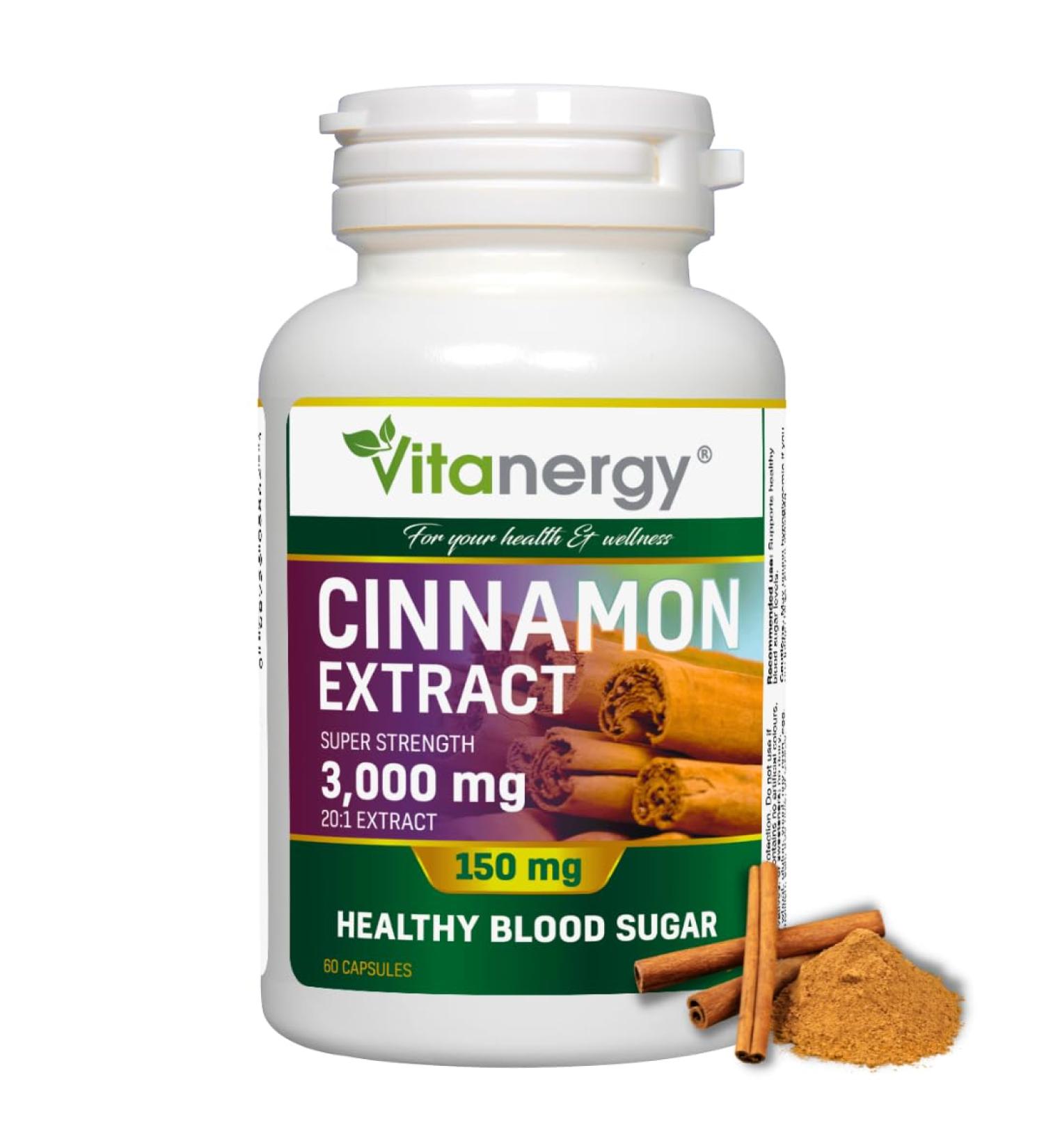 Vitanergy Super Strength Cinnamon Extract Healthy Blood Sugar Level Cardiovascular Support 150mg Ultra 20:1 Extract Rate (from 3000mg Dry Cinnamon) - 60 Capsules Supplement - One Capsule per Day-Made in Canada - Buy Online on GoSupps.com