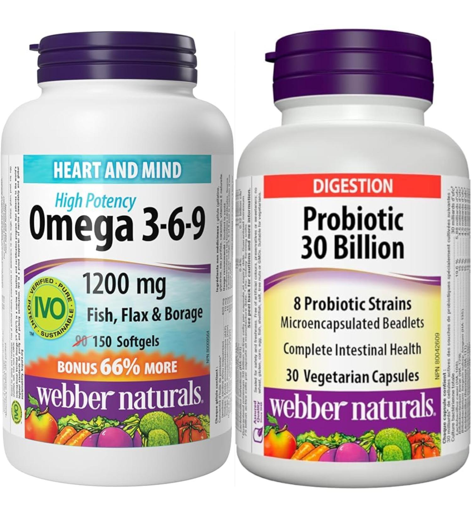 Webber Naturals Omega 3-6-9 1 200 mg Fish Oil 150 Softgels & Probiotic 30 Billion Active Cells 8 Probiotic Strains 30 Capsules For Digestive Health Vegetarian - Buy Online on GoSupps.com