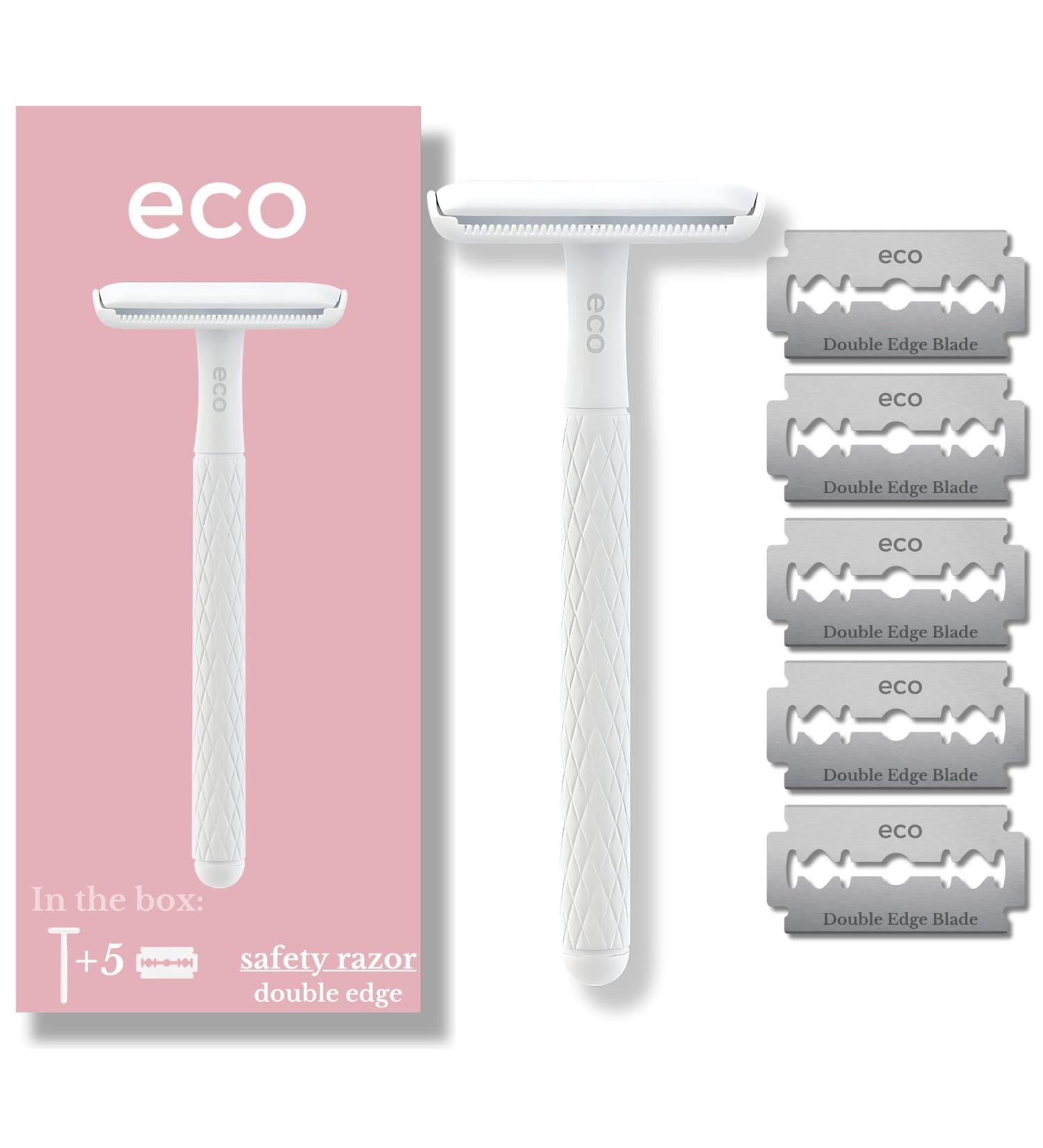 Eco Double Edge Metal Alloy Safety Razor for Women | Reusable Shaving Razor + 5 Blade Refills - White - Buy Online on GoSupps.com