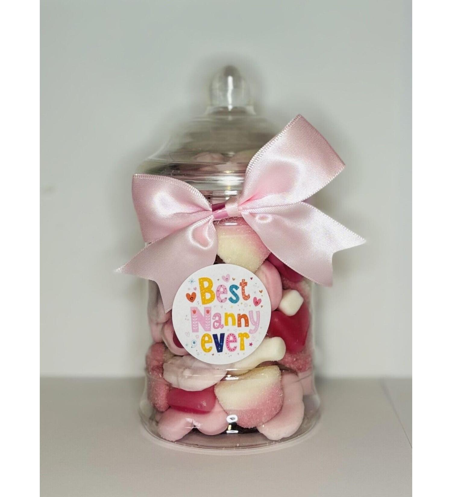 Best Nanny Ever Filled Pink Pick N Mix Gummy Sweet Victorian Jar Gift Present 380ml - Buy Online on GoSupps.com