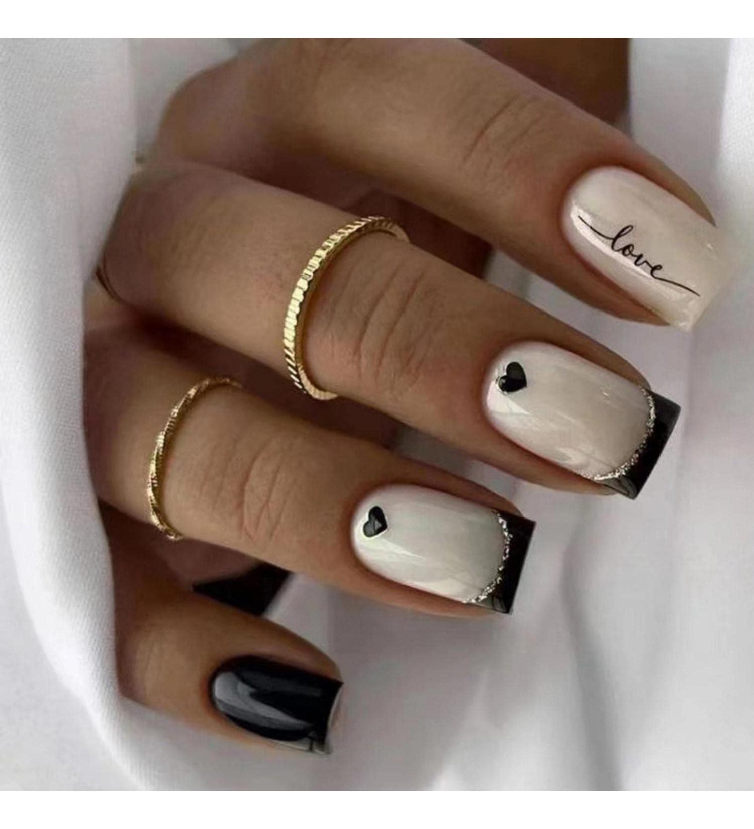 24pcs White Tip Short Square French False Nails with Love Designs - Cute Acrylic Press on Nails for Women and Girls - Buy Online on GoSupps.com