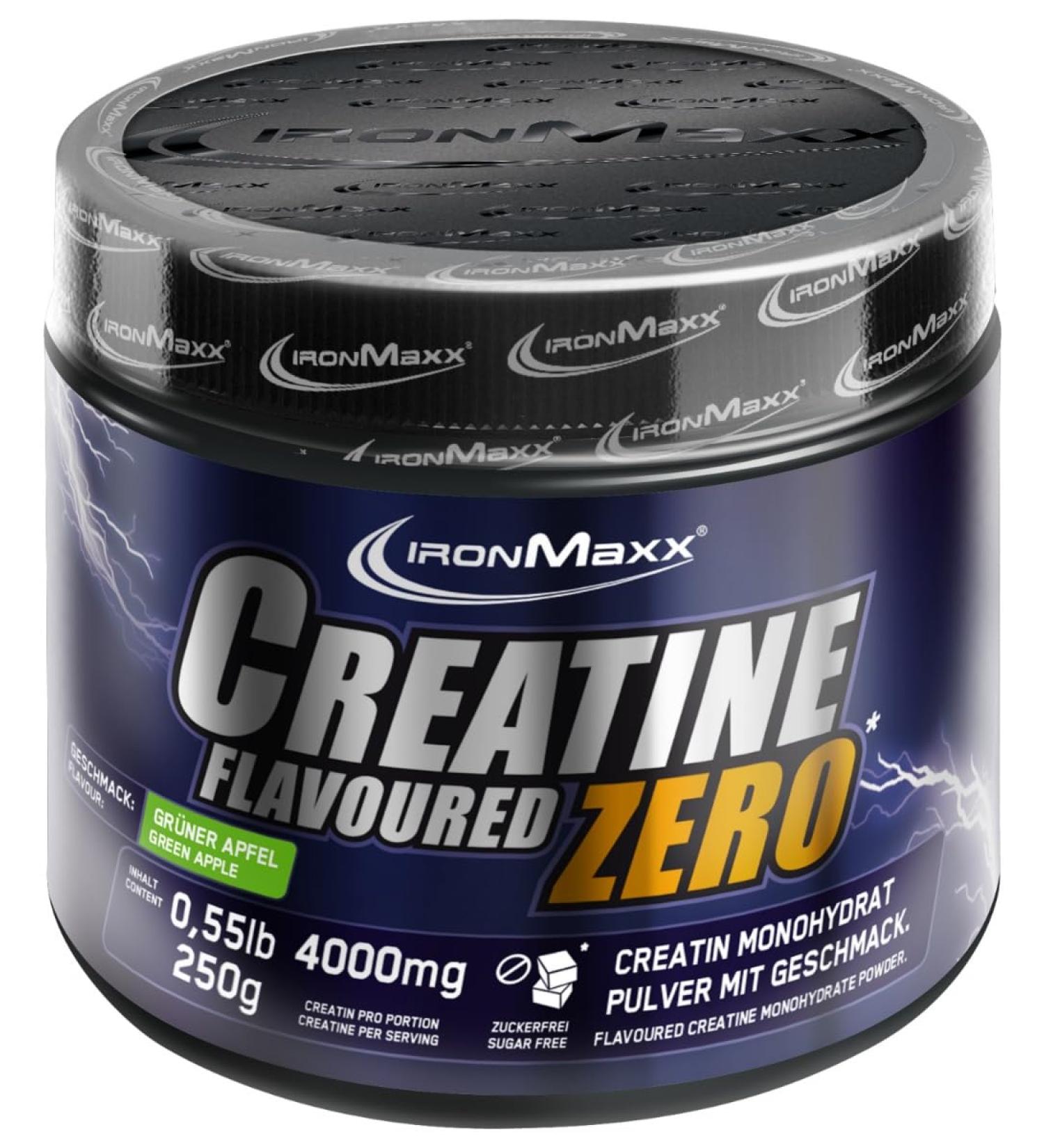 Ironmaxx Creatine Powder Flavoured Zero - Green Apple 250g can |High dose with 4500mg creatine monohydrate per portion |Vegan and sugar -free green Apple 250 g (1 Pack)