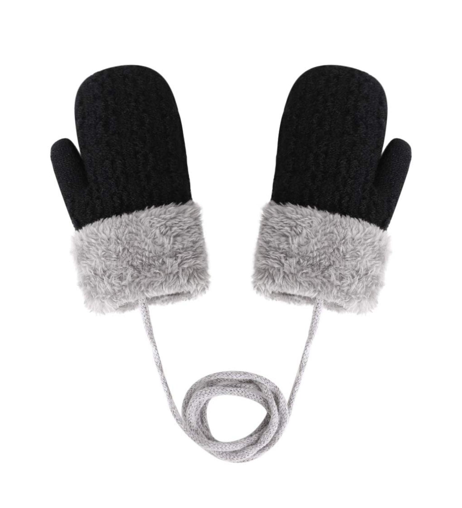 Toddler Winter Gloves with String - Warm Plush Knitted Black Gloves for 1-3Yrs - Buy Online on GoSupps.com