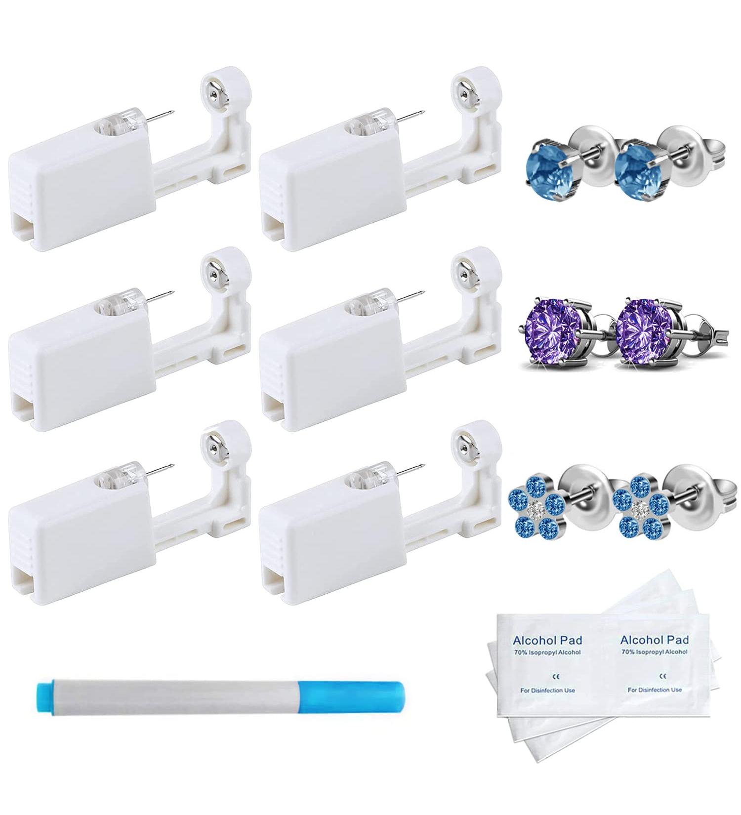 6 Pack Disposable Self Ear Piercing Gun Kit - No Pain Ear Piercings Tool (Blue/Purple) - Buy Online on GoSupps.com