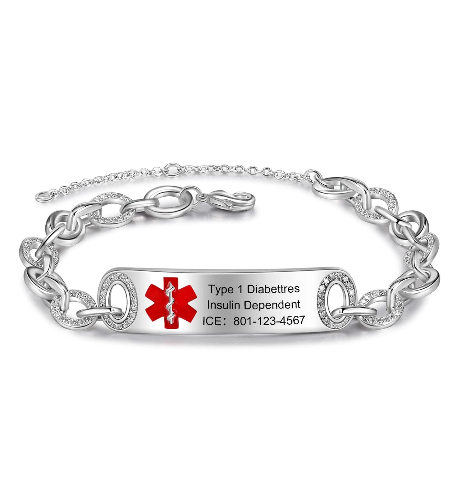 Personalized Women's Emergency ID Alert Medical Bracelet - Free Engraving Waterproof Stainless Steel Ideal for Diabetes - Pink - Buy Online on GoSupps.com