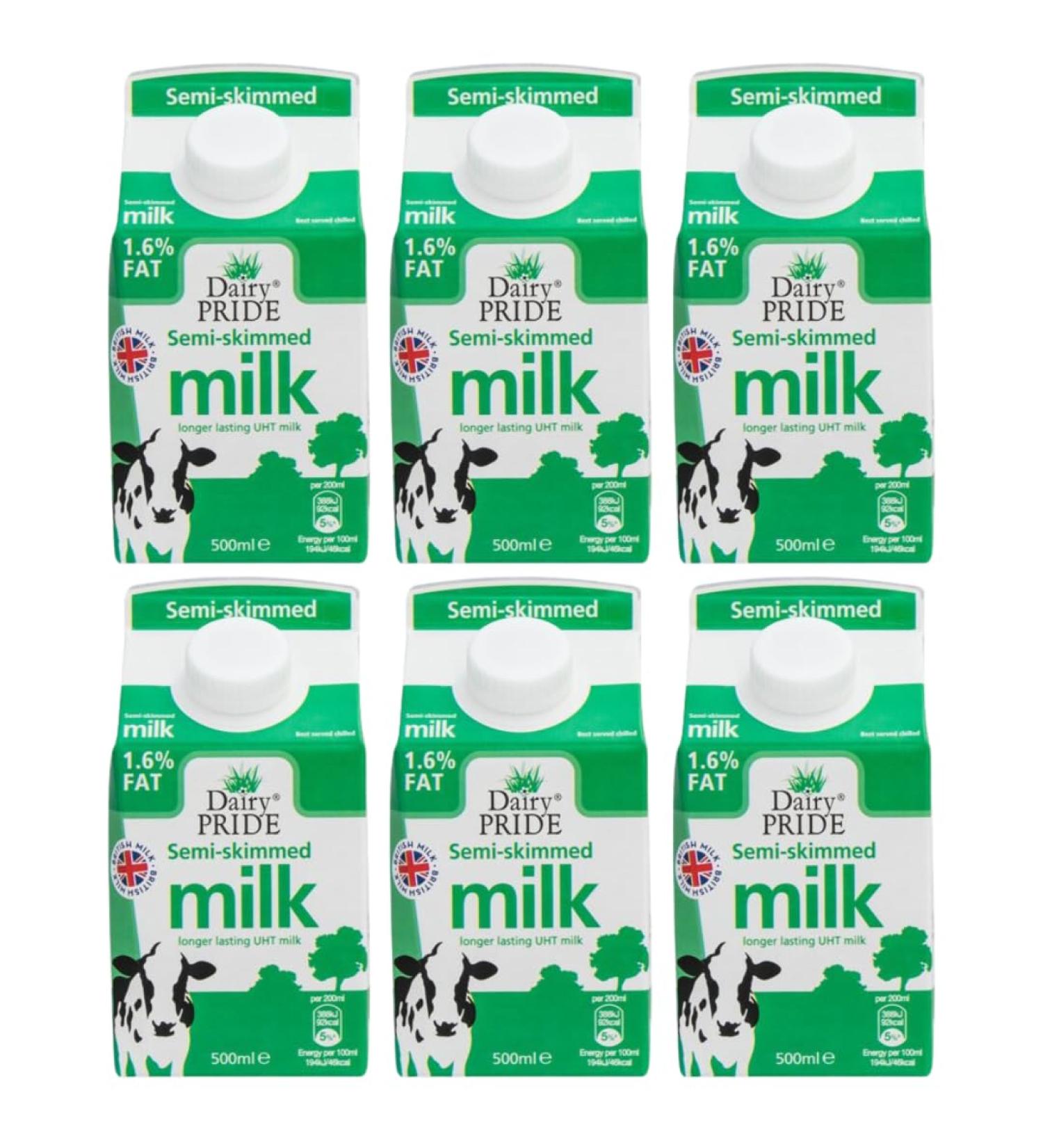 Dairy Pride Semi Skimmed Long Life UHT Milk 500ml Pack Of 6 With Welari Thank You Card | (6 Pack) (6 x 500ml) - Buy Online on GoSupps.com