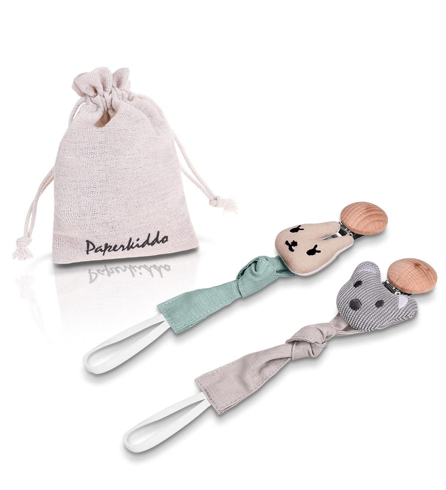 Paperkiddo 2pcs Pacifier Chain - Nickel-Free Clips Cotton Muslin 22cm for Babies - Bear & Hare Design - Buy Online on GoSupps.com