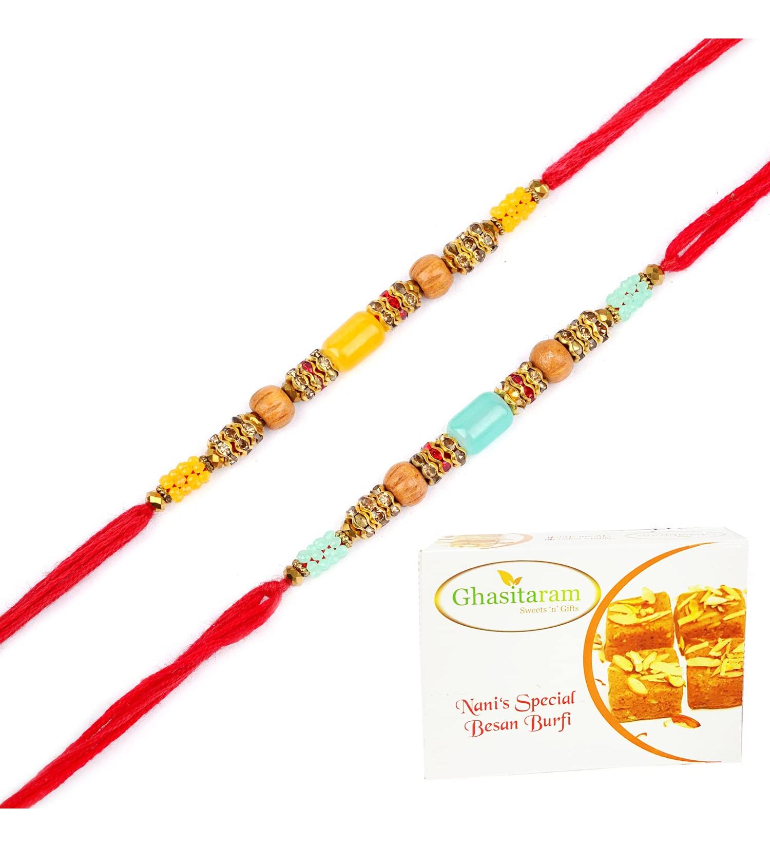 Ghasitaram Gifts Rakhi for Brother Rakhis Online - Set of 2-6512 Rakhis with 200 GMS of Besan Barfi Rakhi Set with 200 gms of Besan Barfi - Buy Online on GoSupps.com