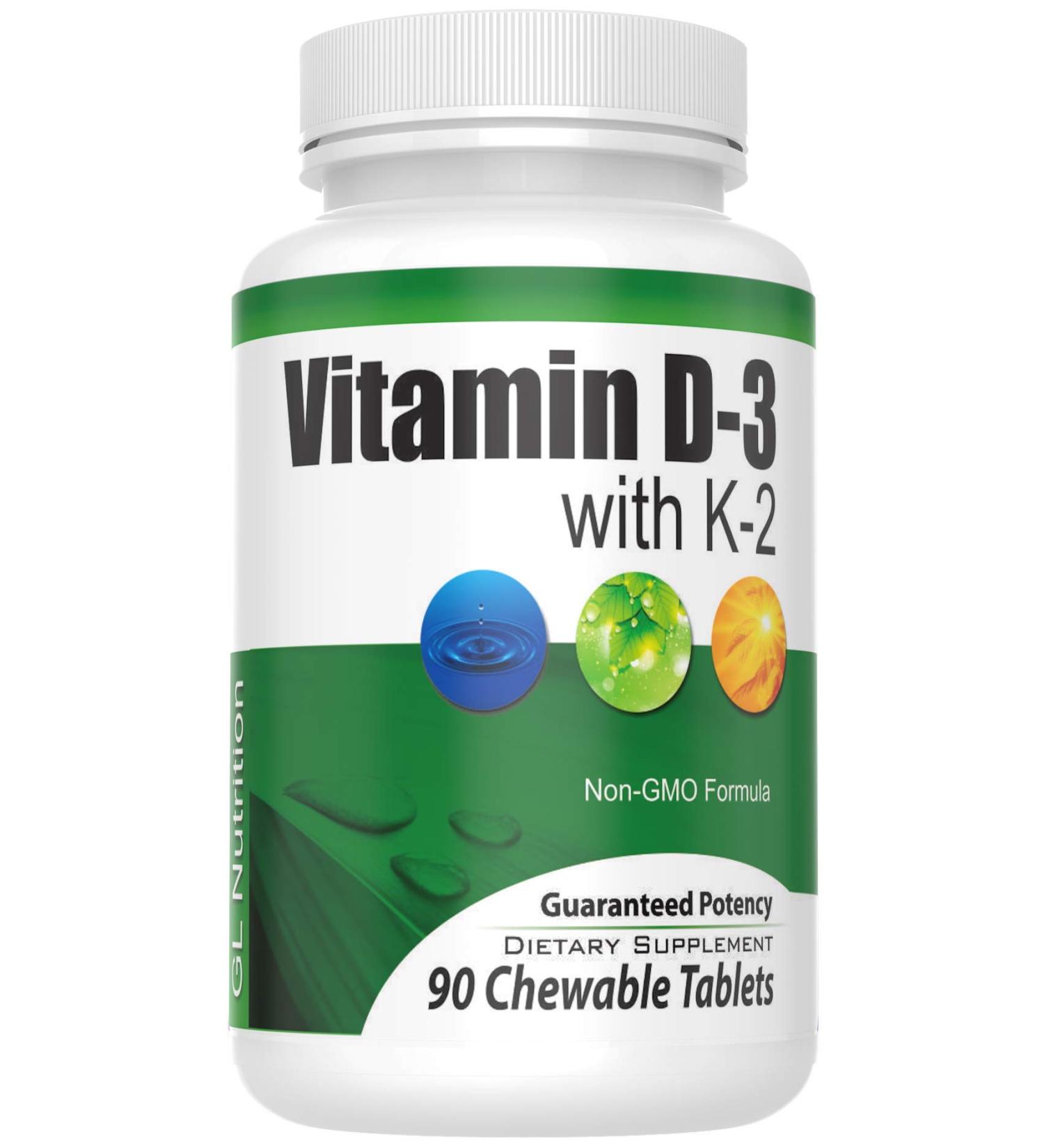 Chewable Vitamin D3 (2 000 IU) + K2 (MK7 75mcg) | 90 Count Easy Chewable Tablets for Highest Absorption | Benefits Heart Bones Skin Dental Health Regulates Immune Function | GL Nutrition - Buy Online on GoSupps.com