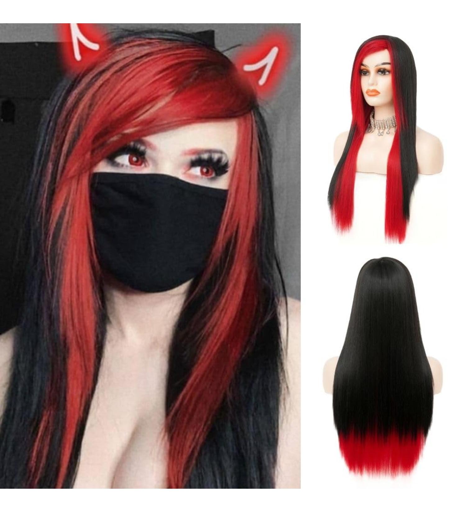 Siudus Red & Black Long Gothic Wig for Women - Heat-Resistant Side Part Cosplay & Halloween - Buy Online on GoSupps.com