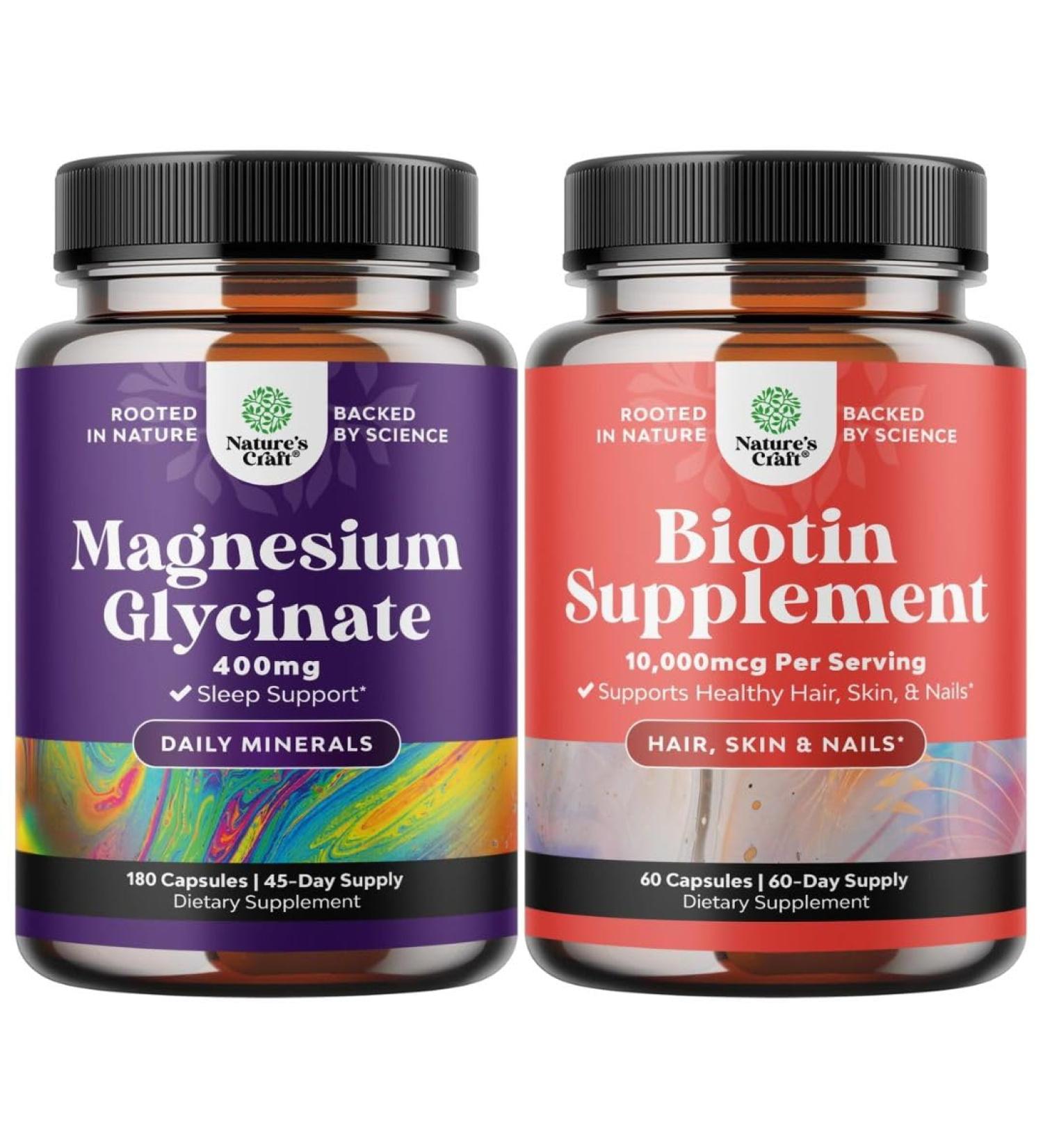 Bundle of Pure Magnesium Glycinate Supplement 400mg Per Serving for Mood Sleep & Relaxation Support and 10000 mcg Pure Biotin Pills - Promotes Thicker & Fuller Hair - Get Clear Skin Strong Nails - Buy Online on GoSupps.com