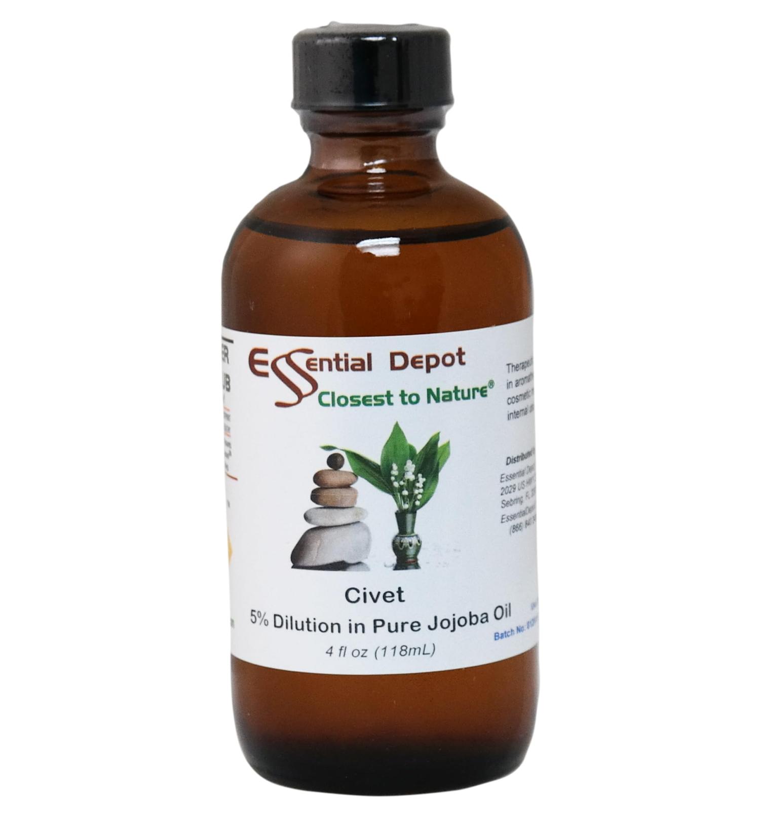 Essential Depot Civet Essential Oil 5% Dilution in Jojoba - 4 fl oz - Essential Oil Protective Amber Glass Bottle with a Safety Sealed phenolic Screw Cap - Buy Online on GoSupps.com