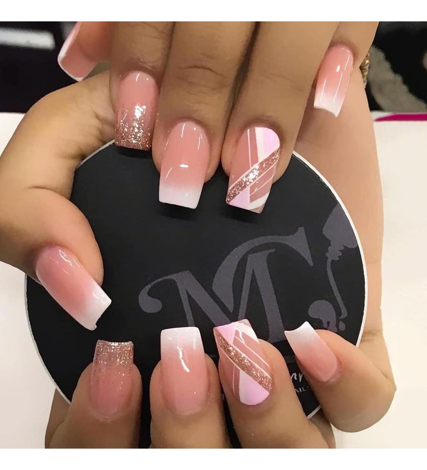 YOSOMK 24Pcs Short Square Press on Nails - Orange Pink Sequins | Full Cover Stick on False Nails with Glue for Women & Girls - Buy Online on GoSupps.com