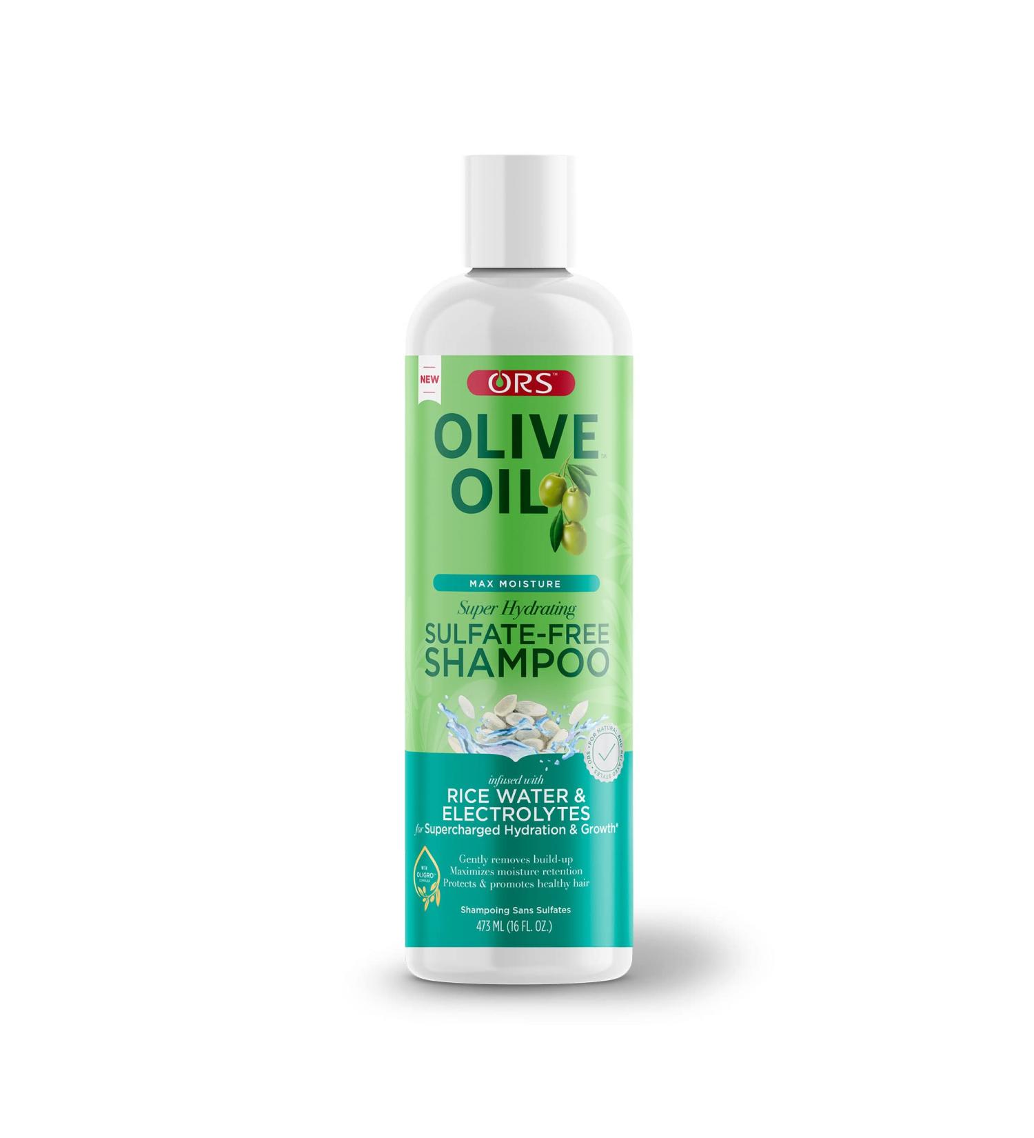 ORS Olive Oil Max Moisture Super Hydrating Sulfate-Free Shampoo  Infused with Rice water and Electrolytes for Supercharged Hydration & Growth (16.0 oz)