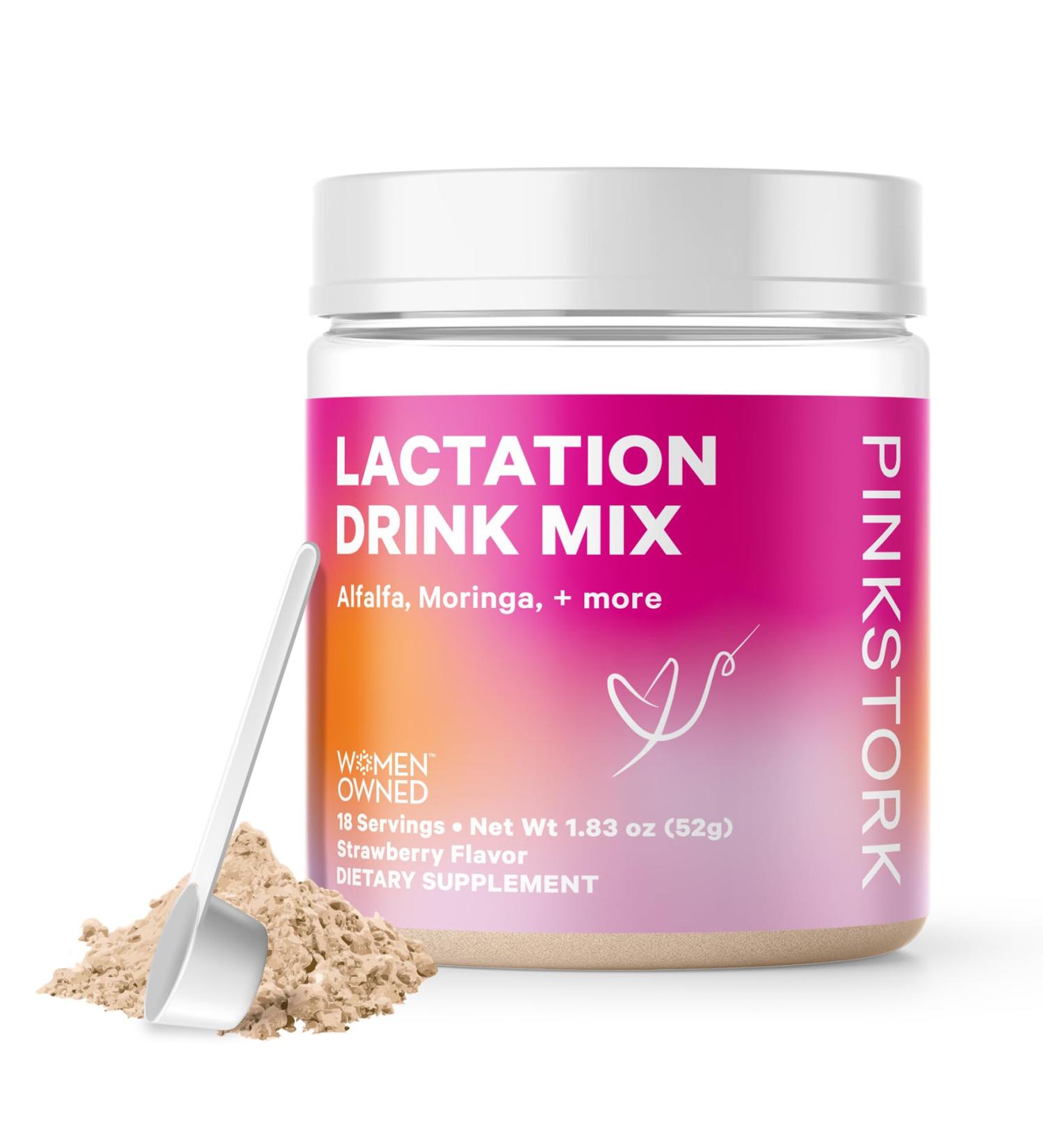 Pink Stork Lactation Support Drink Mix - Fenugreek, Milk Thistle & Alfalfa - 18 Servings (Strawberry) | Postpartum Breastfeeding Supplement - Buy Online on GoSupps.com