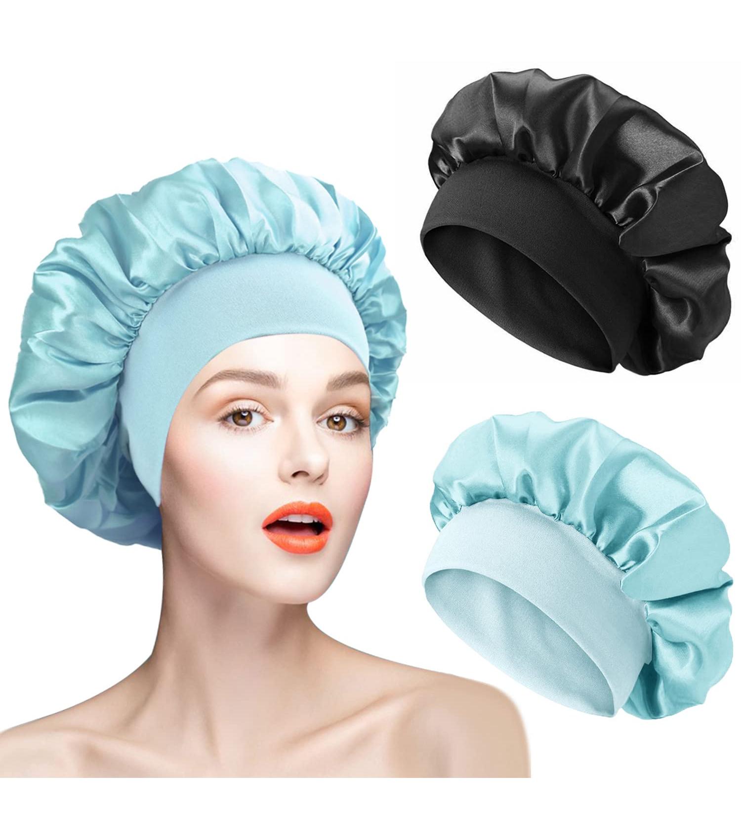 AliLeader 2Pcs Silk Bonnet Set for Curly Hair | Soft Sleep Cap with Elastic Band | Black+Light Green Satin Bonnet for Women - Buy Online on GoSupps.com