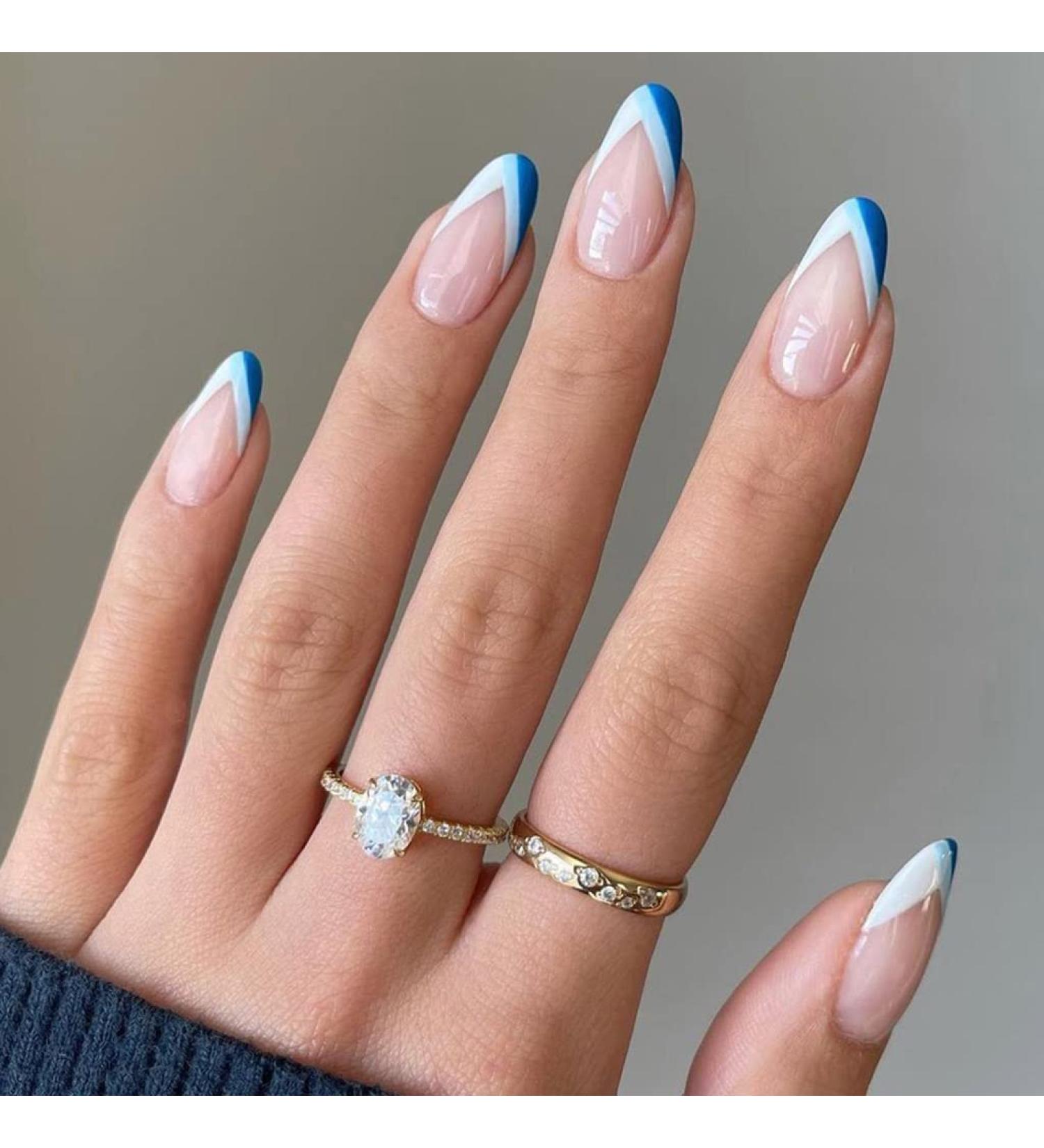 RikView French Press on Nails - Medium Length Almond White & Blue Glossy Acrylic Nails for Women - Buy Online on GoSupps.com