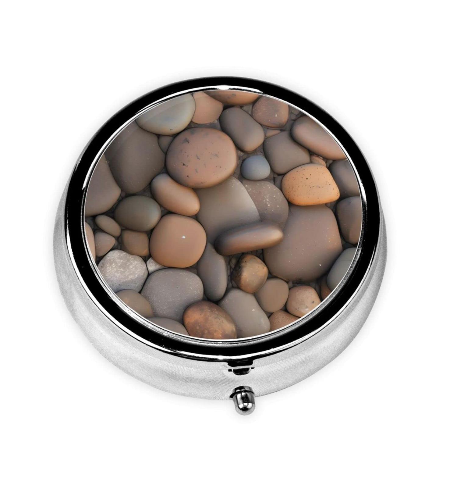 Pebbles in The Beach Round Pill Box - Portable 3 Compartment Organizer for Travel & Purse - Buy Online on GoSupps.com