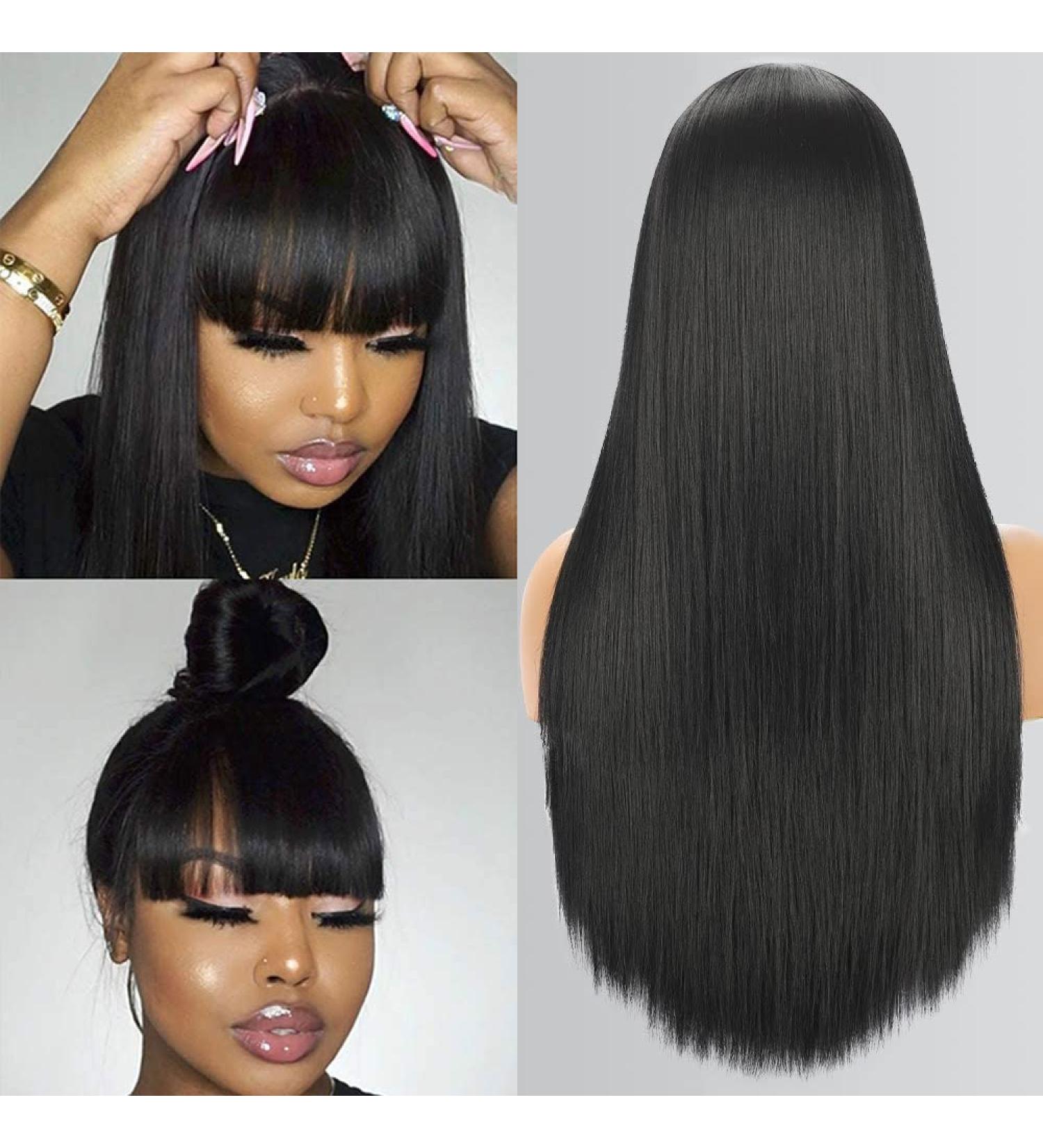 24 Inch Long Straight Wig with Bangs - Natural Black Remy Hair Synthetic Wig for Women - Buy Online on GoSupps.com