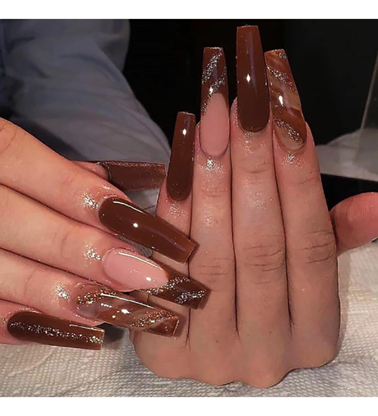 Brishow Brown Glitter Press-On Ballerina Nails - 24 Long Acrylic False Nails for Women & Girls - Buy Online on GoSupps.com