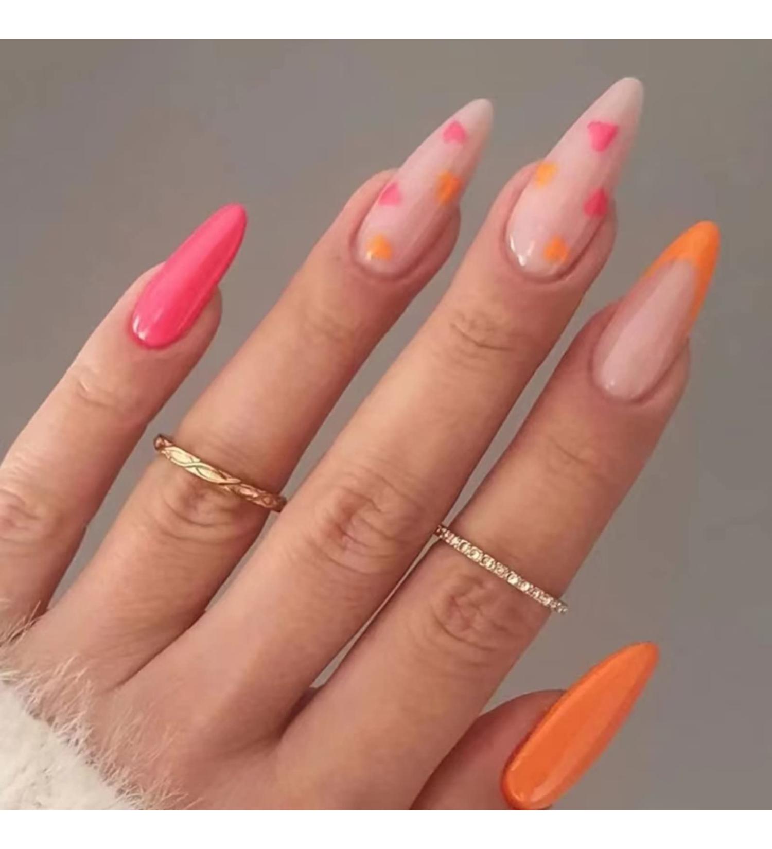 Runrayay Red & Orange French Press On Nails - Almond Shape Love Design for Women & Girls | Full Cover Nude Nail Tips - Buy Online on GoSupps.com