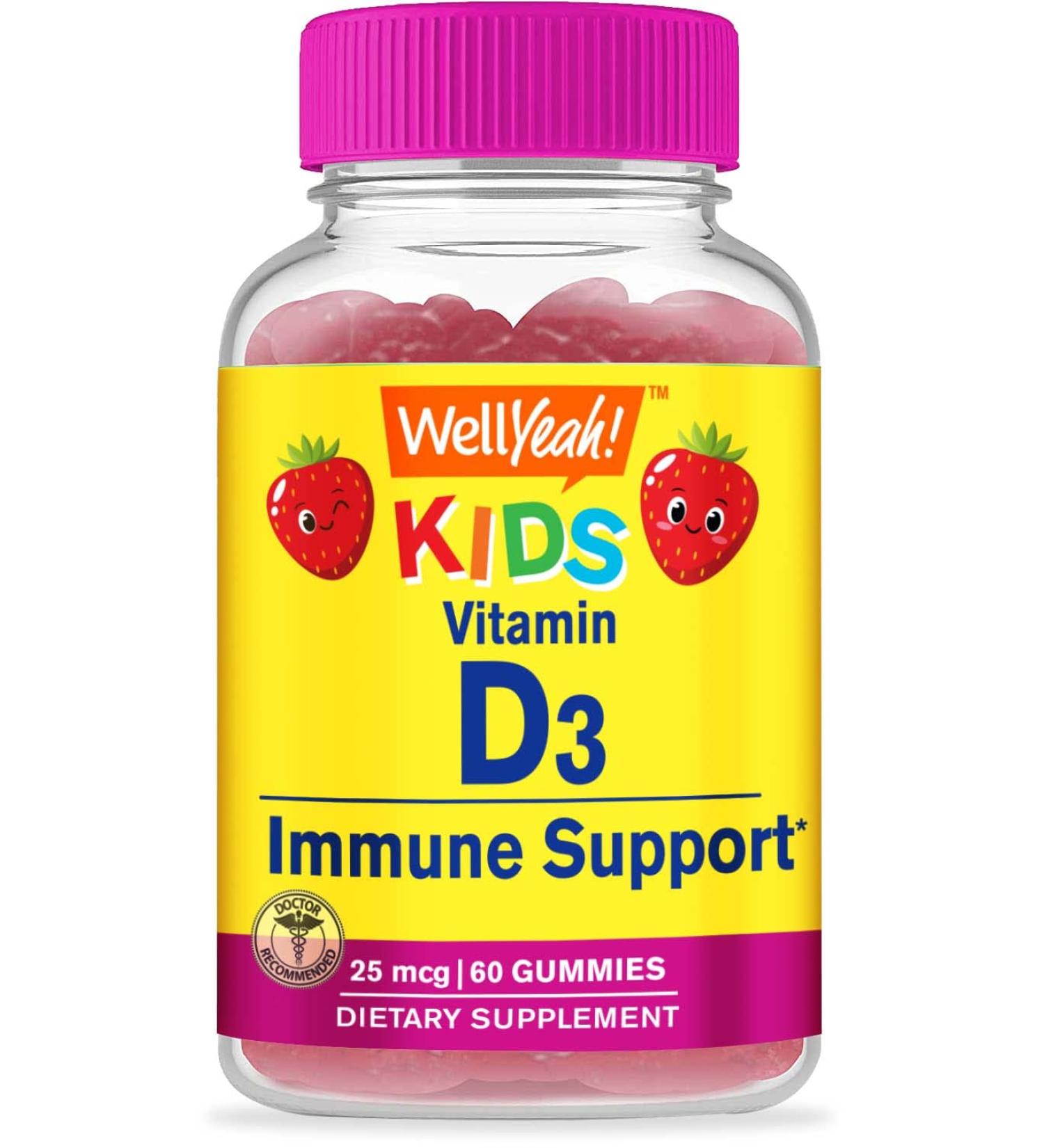 WellYeah Kids Vitamin D3 Gummies - 1000 IU - Bone Strength & Immunity Support - Non-GMO Gluten-Free - Strawberry Flavor - 60 Servings - Buy Online on GoSupps.com
