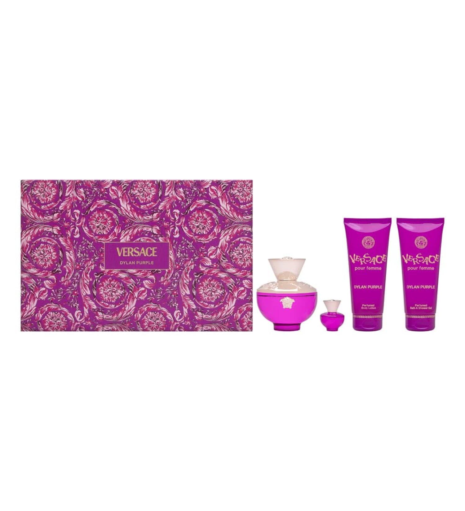 Versace Dylan Purple for Women 4 Piece Set Includes: 3.4 oz Eau de Parfum Spray + 3.4 oz Perfumed Bath Shower Gel + 3.4 oz Perfumed Body Lotion + 0.17 oz Eau de Parfum 1 Fl Oz (Pack of 1)