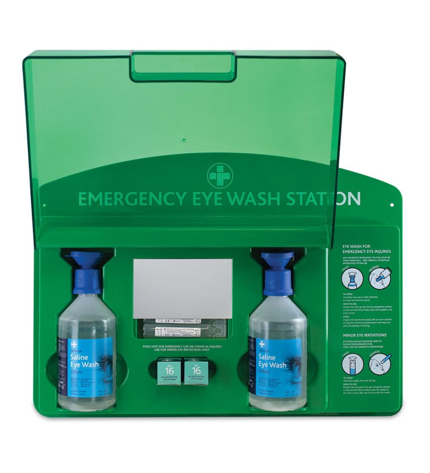 Reliance Medical REL919 Emergency Eye Wash Station - 1 Count (Pack of 1) - Includes 20ml Pods, 500ml Bottles, Eye Pads, and Mirror - Buy Online on GoSupps.com