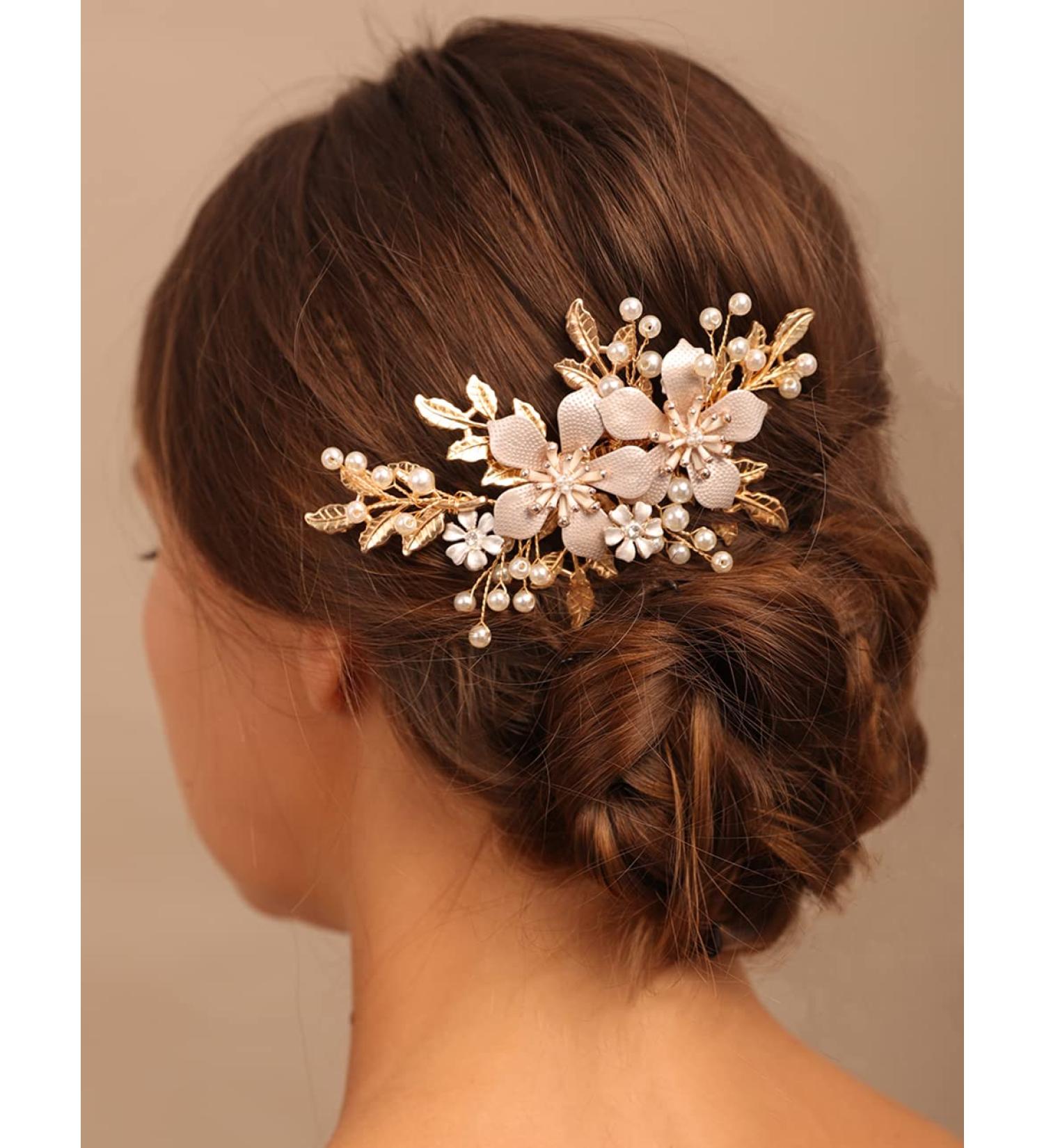 Chargances Bride Gold Flower Leaf Hair Comb Wedding Pearl Beaded Hair Side Comb Dainty Fashion Handmade Hair Accessories for Women Bridesmaid Girls - Buy Online on GoSupps.com