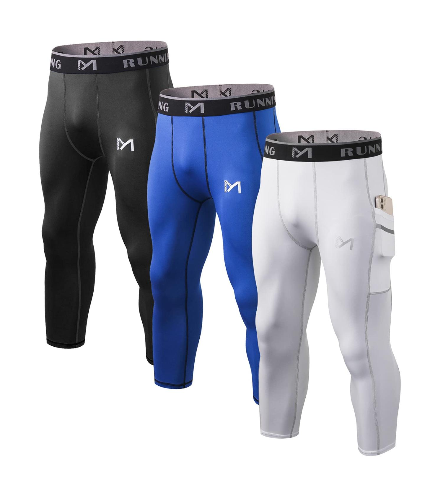 MEETYOO Men's 3/4 Compression Pants X-Large - Black/White/Blue | With Pockets - Buy Online on GoSupps.com