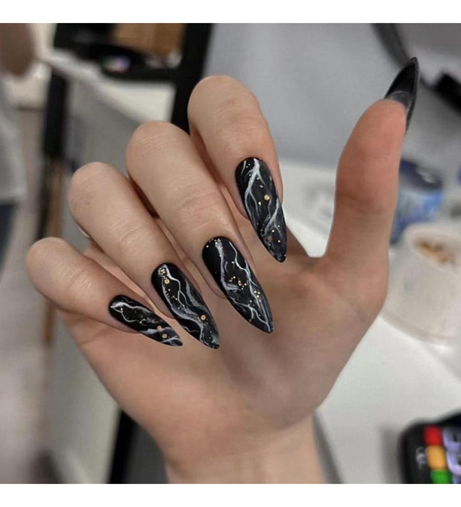 JUSTOTRY Glitter Stiletto Fake Nails - 24 Pcs Long Black French Press on Nails with Beautiful Swirl Almond Patterns - Extra Long False Nails with Glue for Women's Nail Art - Buy Online on GoSupps.com