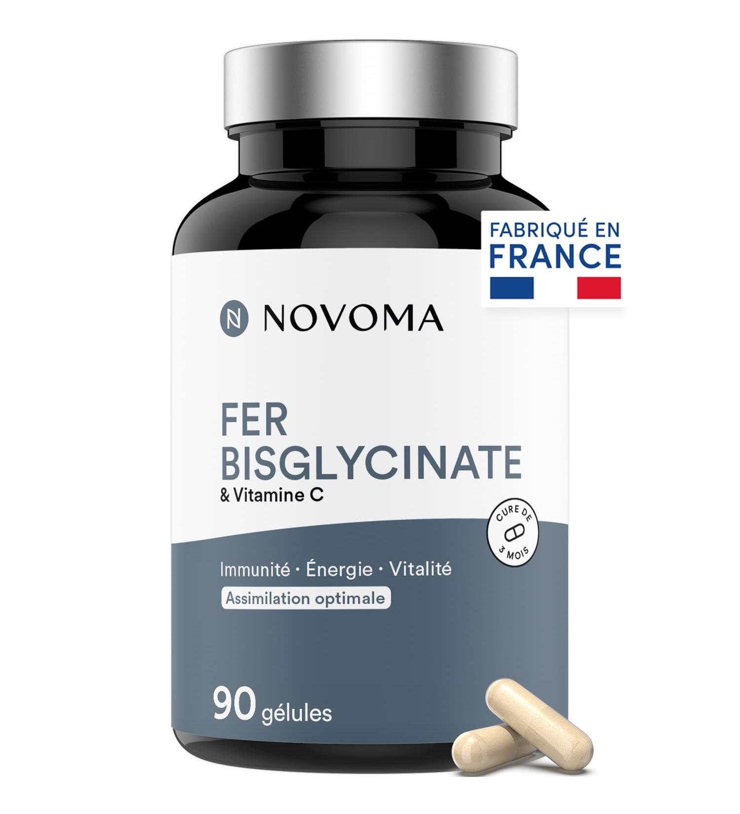 NOVOMA Iron Bisglycinate 14 mg + Vitamin C High Absorption Immunity & Anti-Fatigue 3 Months Cure Ferrochel Patented Iron Food Supplement 90 Vegan Capsules Made in France - Buy Online on GoSupps.com