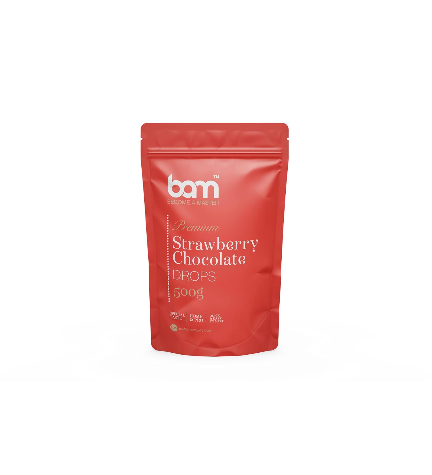 BAM Strawberry Chocolate Drops Callets Chips for Melting Home and Pro Baking Strawberry Flavour 500g - Buy Online on GoSupps.com