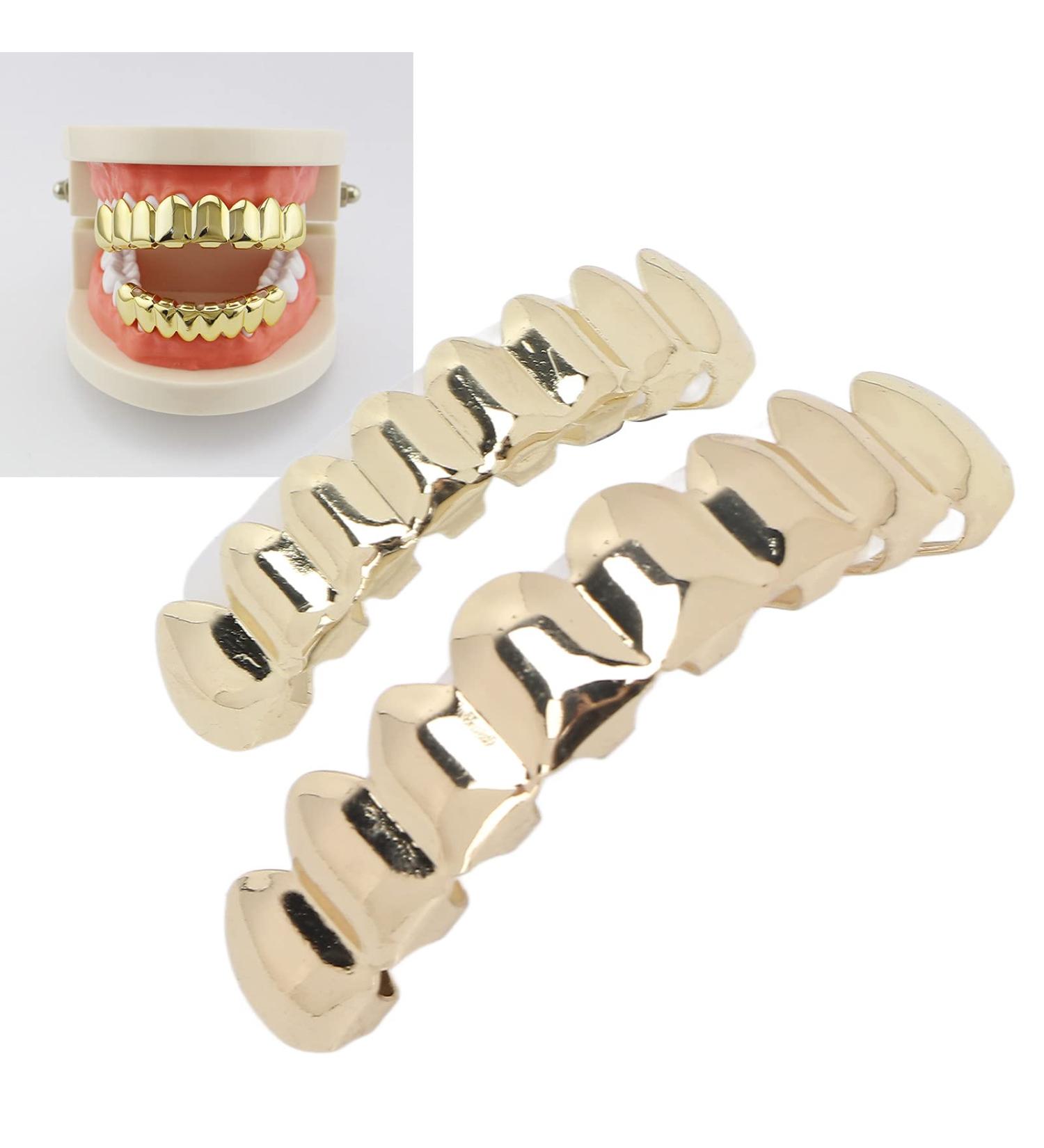 Halloween Teeth Hip Hop Teeth Brace Golden False Teeth Decoration Alloy Plated Glossy Unisex Halloween Dentures Cosplay Dress Up Horror Props Pretend Play Ornaments for Festival Party - Buy Online on GoSupps.com