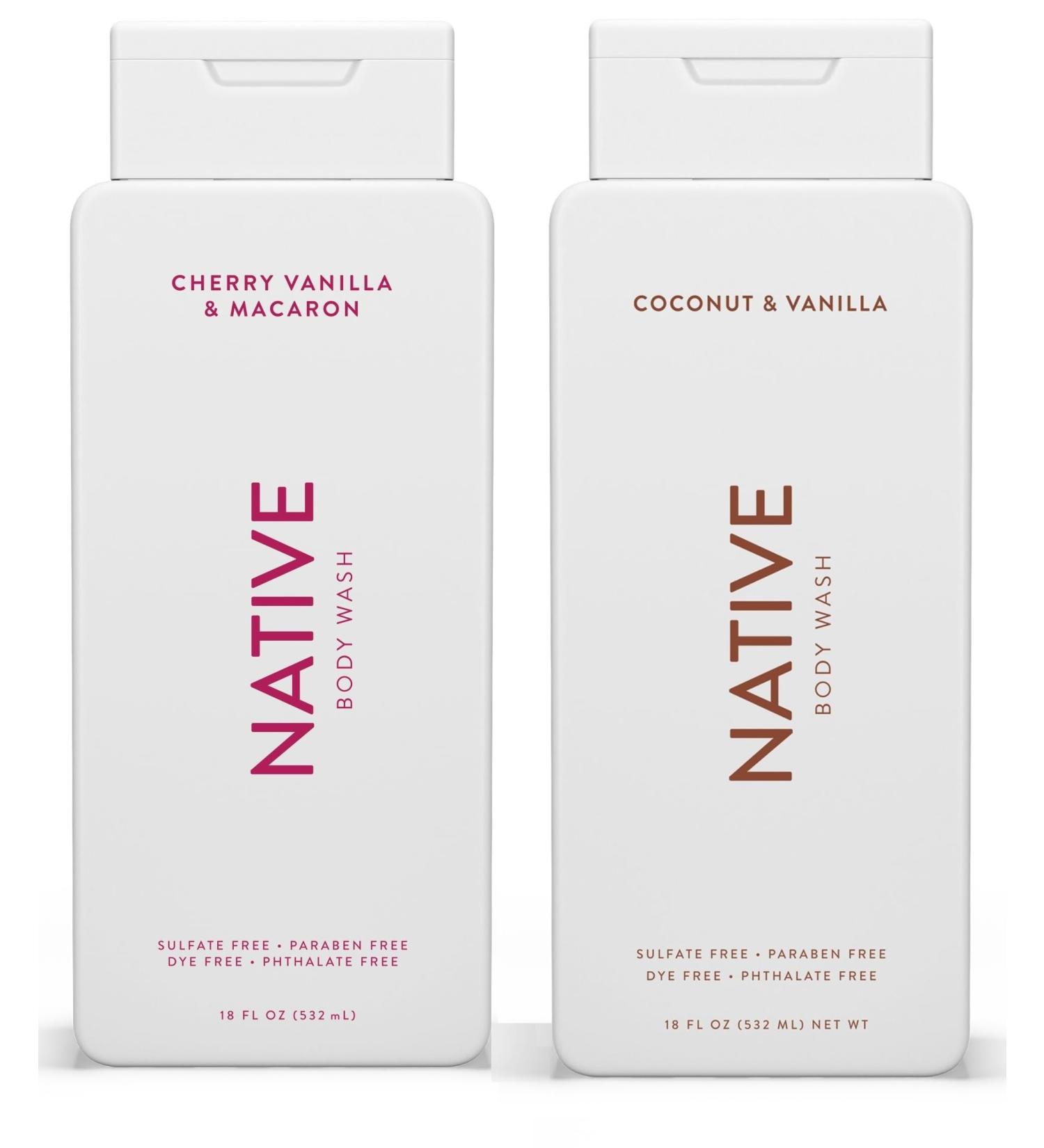 Energizing Essentials 1852 Bundle | Native Body Wash 2-Pack: Cherry & Vanilla Macaron + Coconut & Vanilla (18 fl oz each)