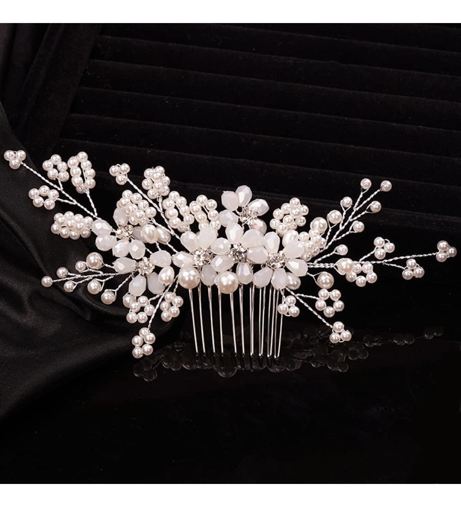 Teyglen Flower Bride Wedding Hair Comb - Bridal Pearl Crystal Side Comb for Women - Rhinestone Headpiece Hair Accessory - Buy Online on GoSupps.com